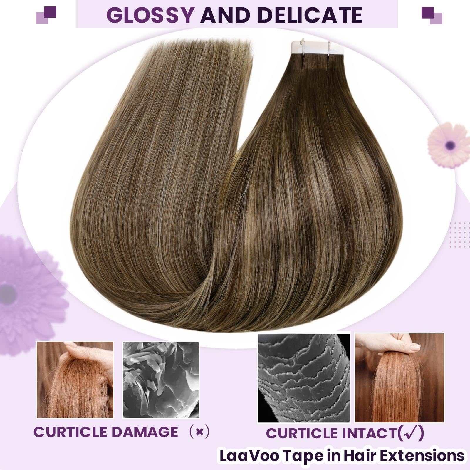 LaaVoo Tape in Hair Extensions Human Hair Dark Brown Tape Hair Extensions Real Human Hair 20 Inch Invisible Tapes Remy Straight Balayage Dark Brown Mix Blonde Hair Double Sided Tabs 20pcs 50g #4/27/4 - Image 4