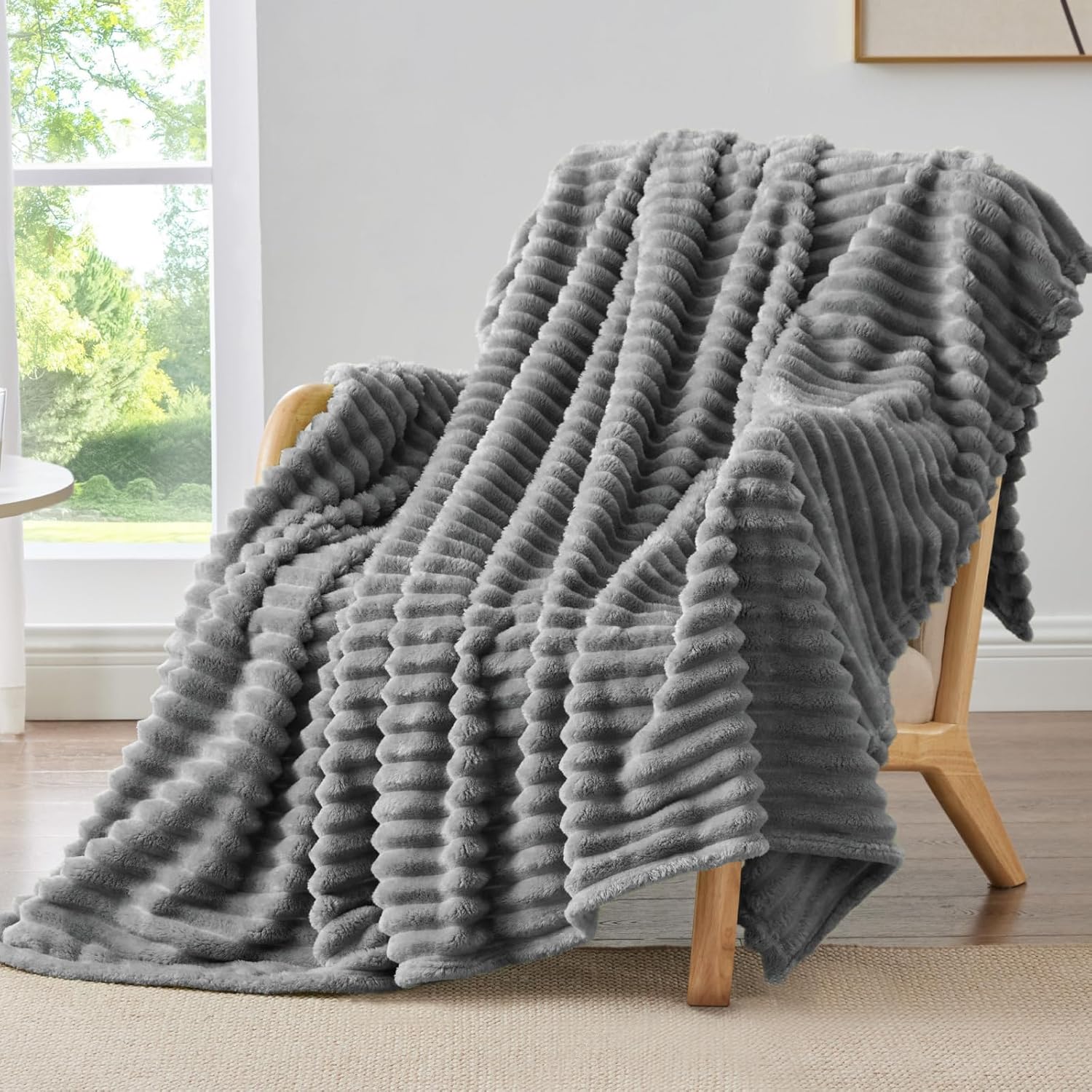 BEDELITE Fleece Throw Blanket for Couch - 300GSM Soft & Warm Fluffy Grey Blanket, Decorative and Giftable Striped Blankets for Women, Men, 50"x60" Grey Throw(50"x60")