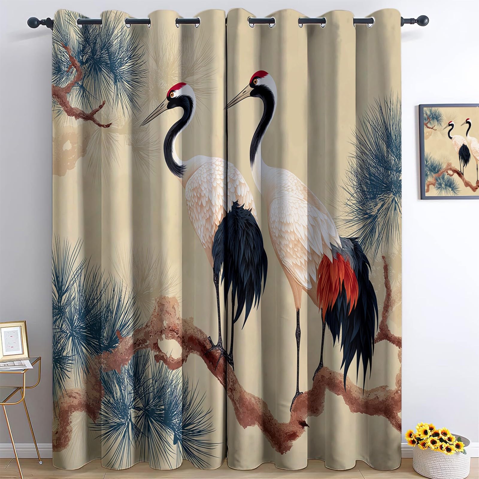 Est Animaux Grues Pins Rideau Occultant Thermique 140 x 175 cm Lot de 2, Fenetre Rideaux Salon Intérieur Maison Occultant Isolant Thermique Anti Froid, Beige