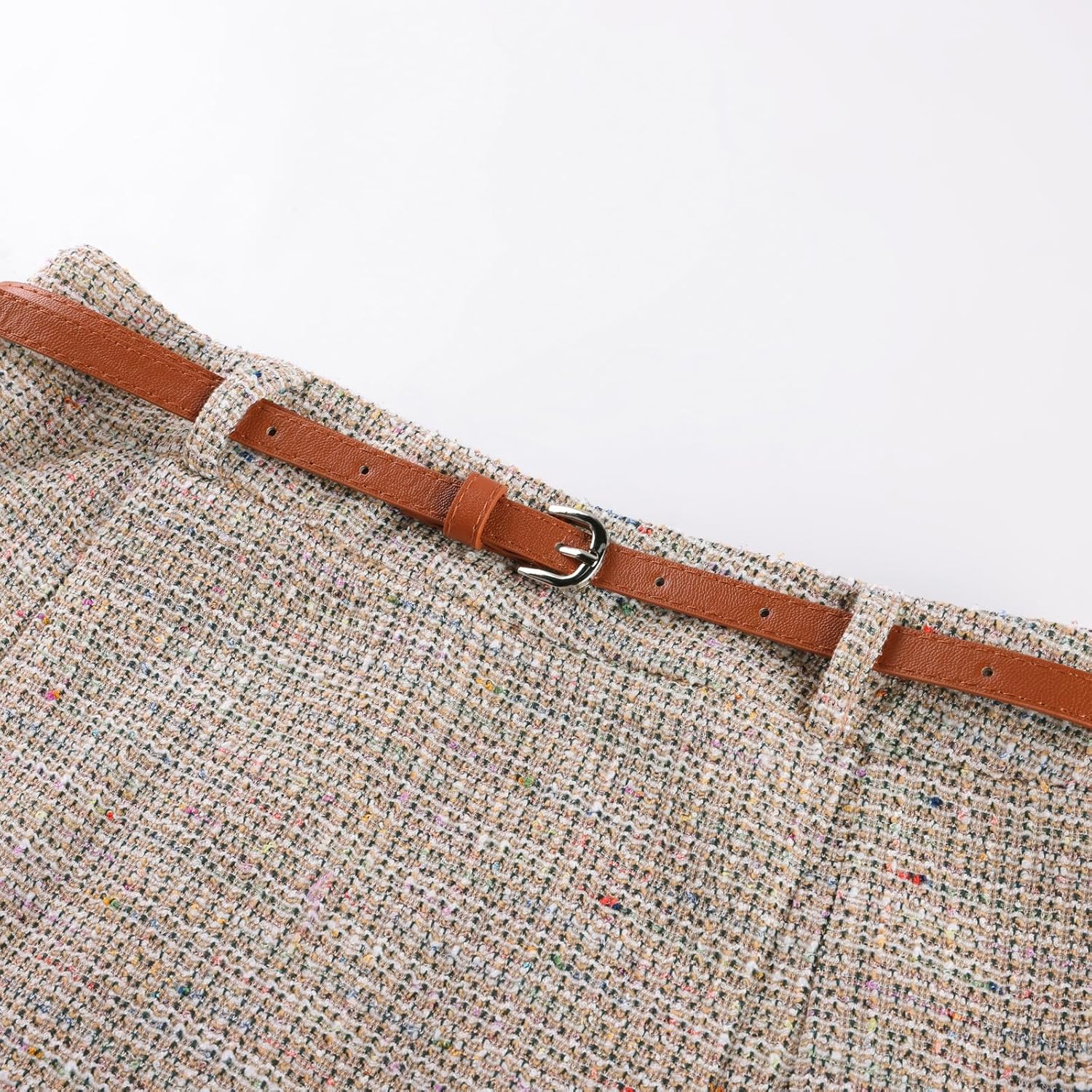 Kate Kasin Women's Tweed Pencil Skirt Knee Length High Waisted Skirts with Slit Elegant Skirts with Belt