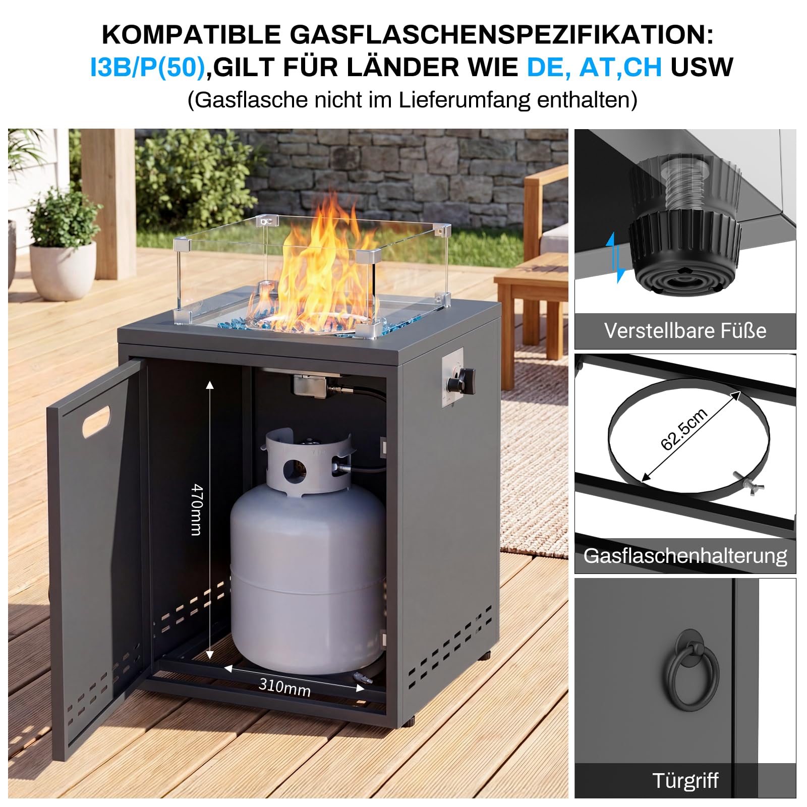 TLGREEN 20" Gas Feuerstelle Outdoor, Feuerstellen für Garten Balkon, 14.5kW | Feuertisch mit Glaswindschutz, Glassteine, Wasserfester Schutzhülle, Gas Gartentisch, Gaskamin, 4PCS Füße, 50x50x62cm