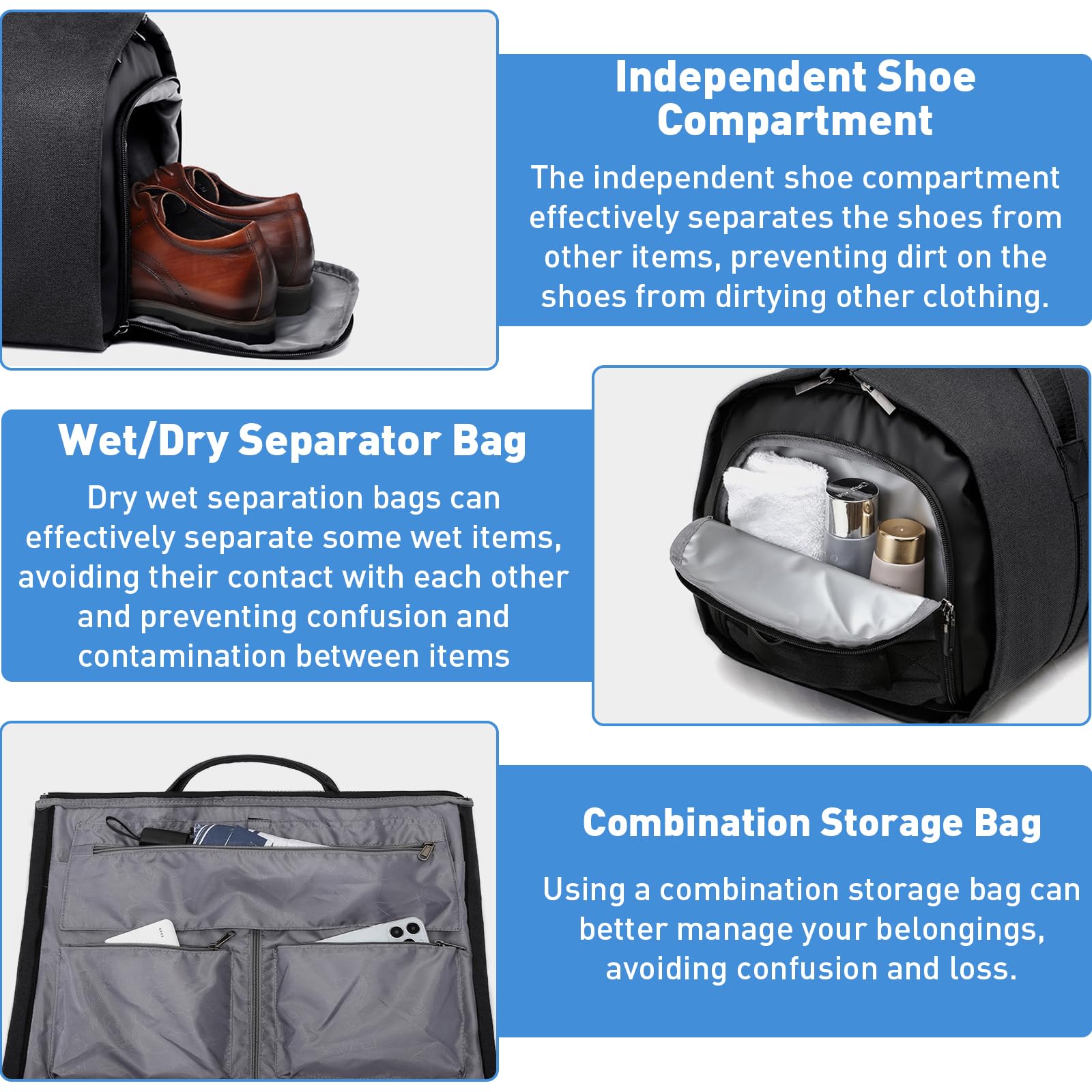 Garment Travel Duffle Bag Faltbare Handgepäck mit Schultergurt und Schuhfach, 2-in-1 Hängekoffer für Geschäftsreisen, Schwarz