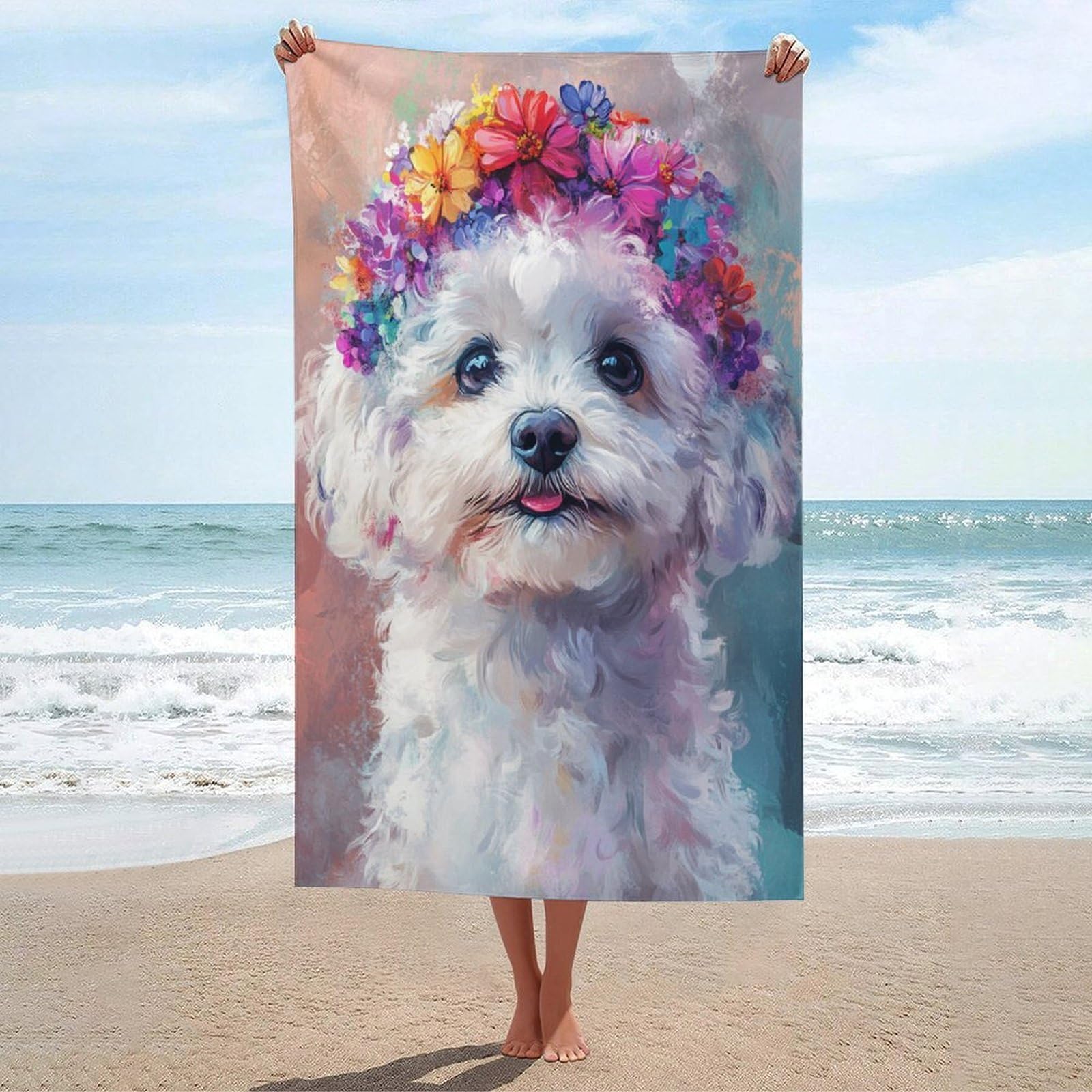 LSRCPD White Dog with A Vibrant Floral Crow Beach Towel Sand Free Microfiber Large Shower Towels Multipurpose Absorbent for Bathroom Pool 130x80 CM
