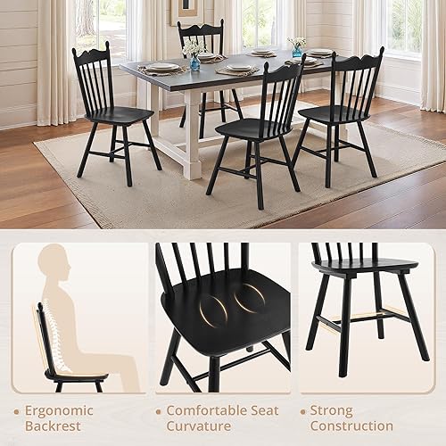 Miniatura 3 de LUE BONA Windsor - Juego de 4 sillas de comedor negras, sillas de comedor de madera con respaldo grueso, sillas de cocina Morden y mediados de siglo