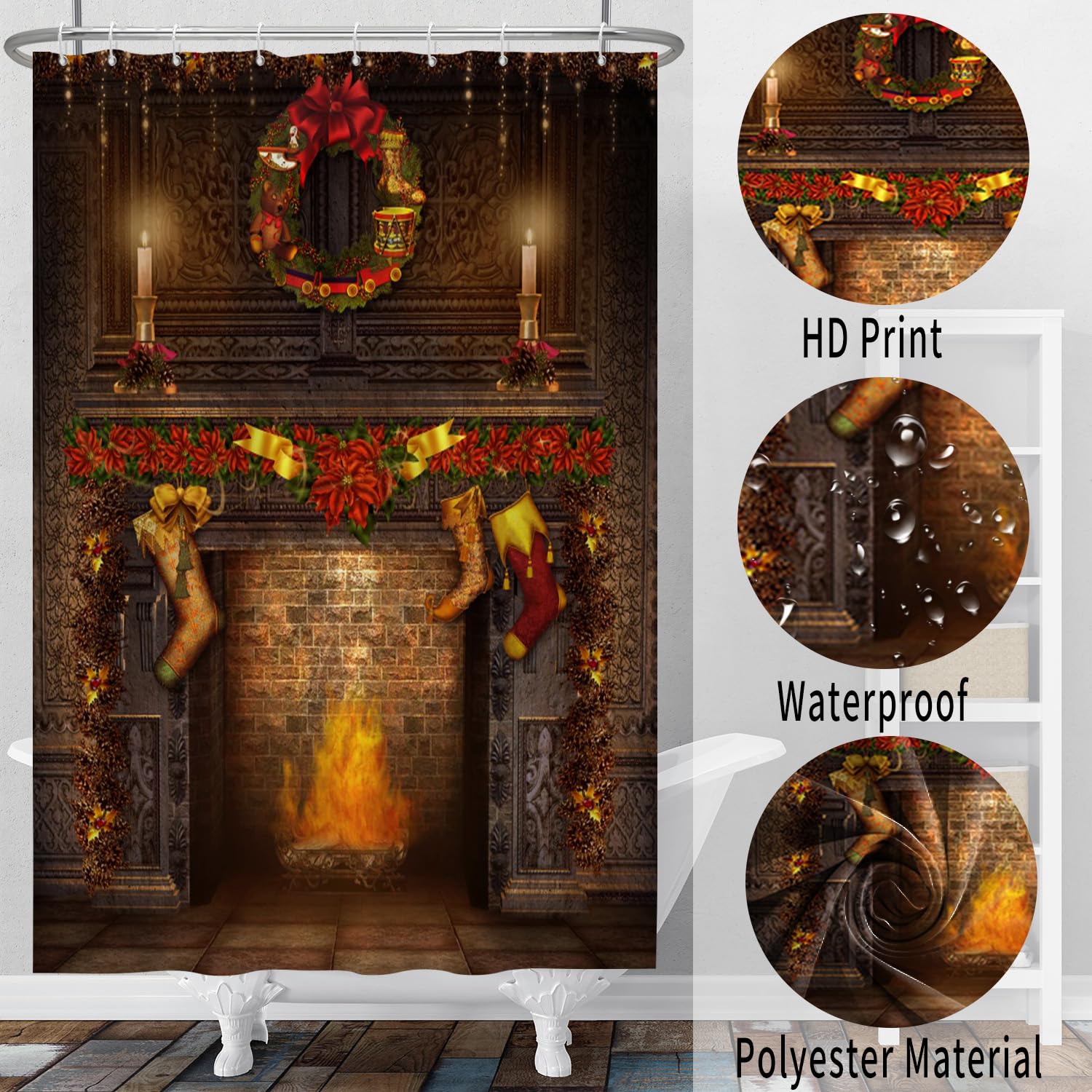 SDOTPMT 122x183cm Christmas Fireplace Shower Curtain Merry Christmas Exquisite Socks Gift Bath Curtain Vintage Brown Brick Wall Winter Holiday Curtain for Bathroom Fabric Polyester with Hooks - Image 4