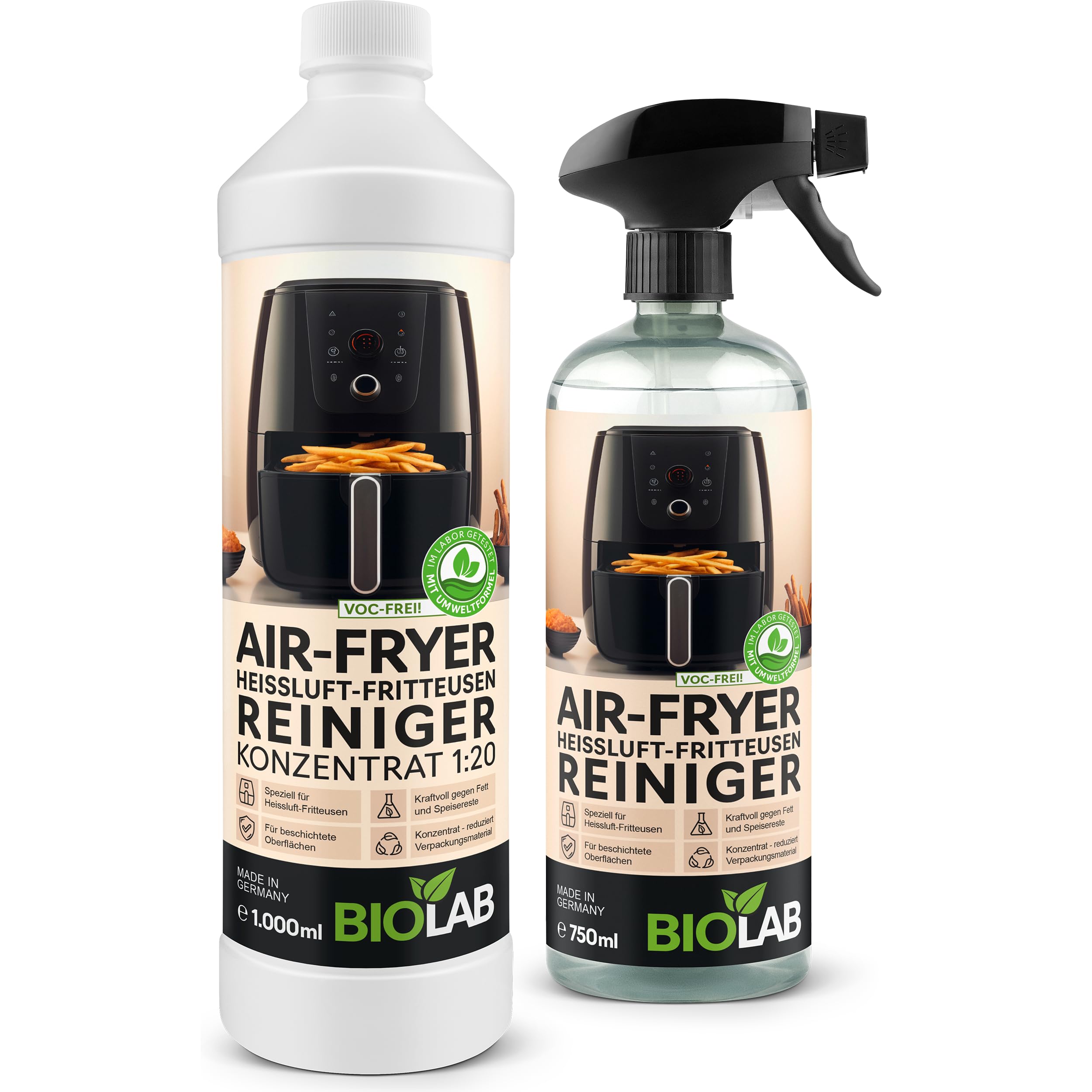 BIOLAB Aerosol limpiador Airfryer (750 ml) y limpiador concentrado (1000 ml) fuerte desengrasante para freidora de aire y freidora de aire caliente, elimina la grasa y el aceite quemados, suave para