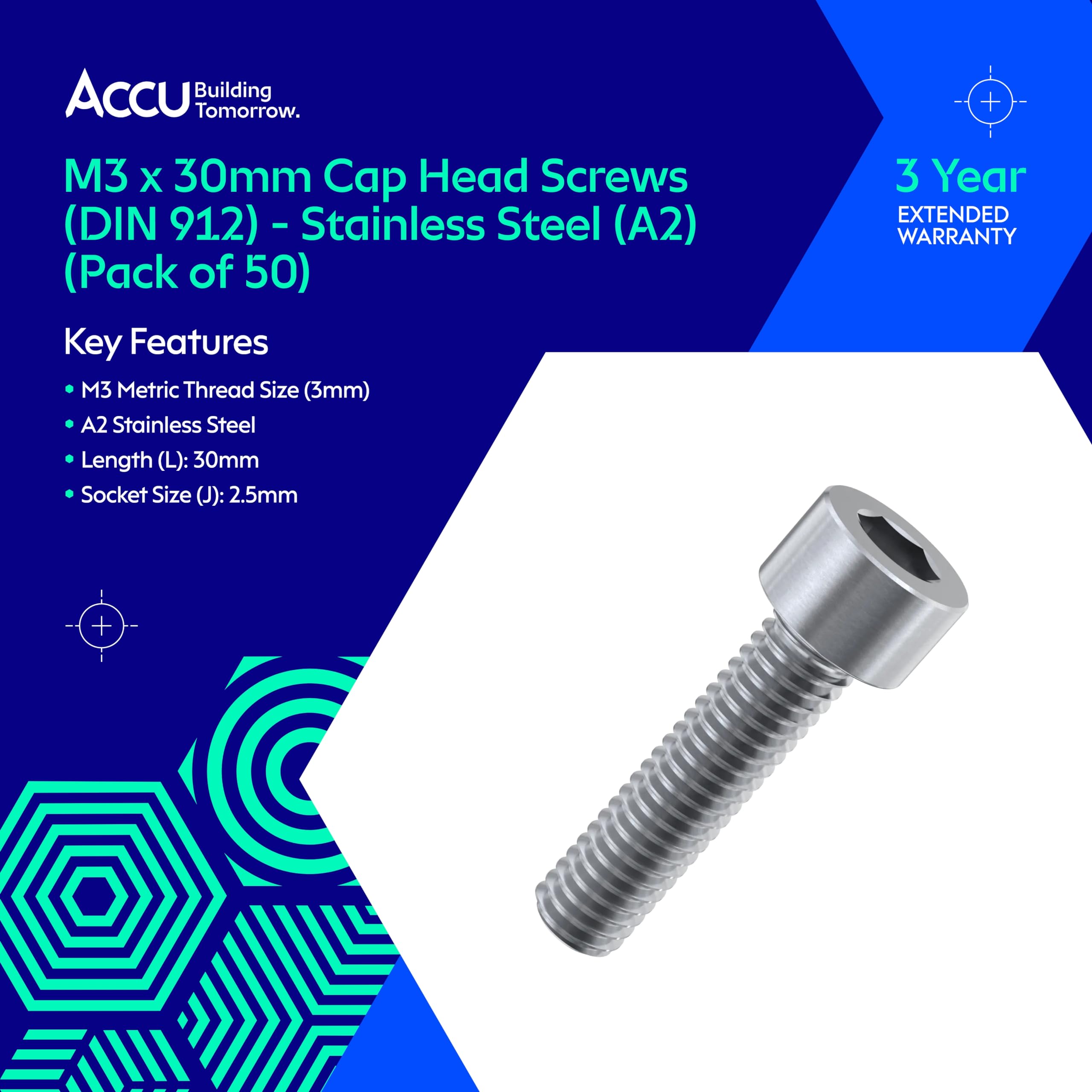 Accu - M3 x 30mm Cap Head Screws (DIN 912) - Stainless Steel (A2) (Pack of 50) - Image 2
