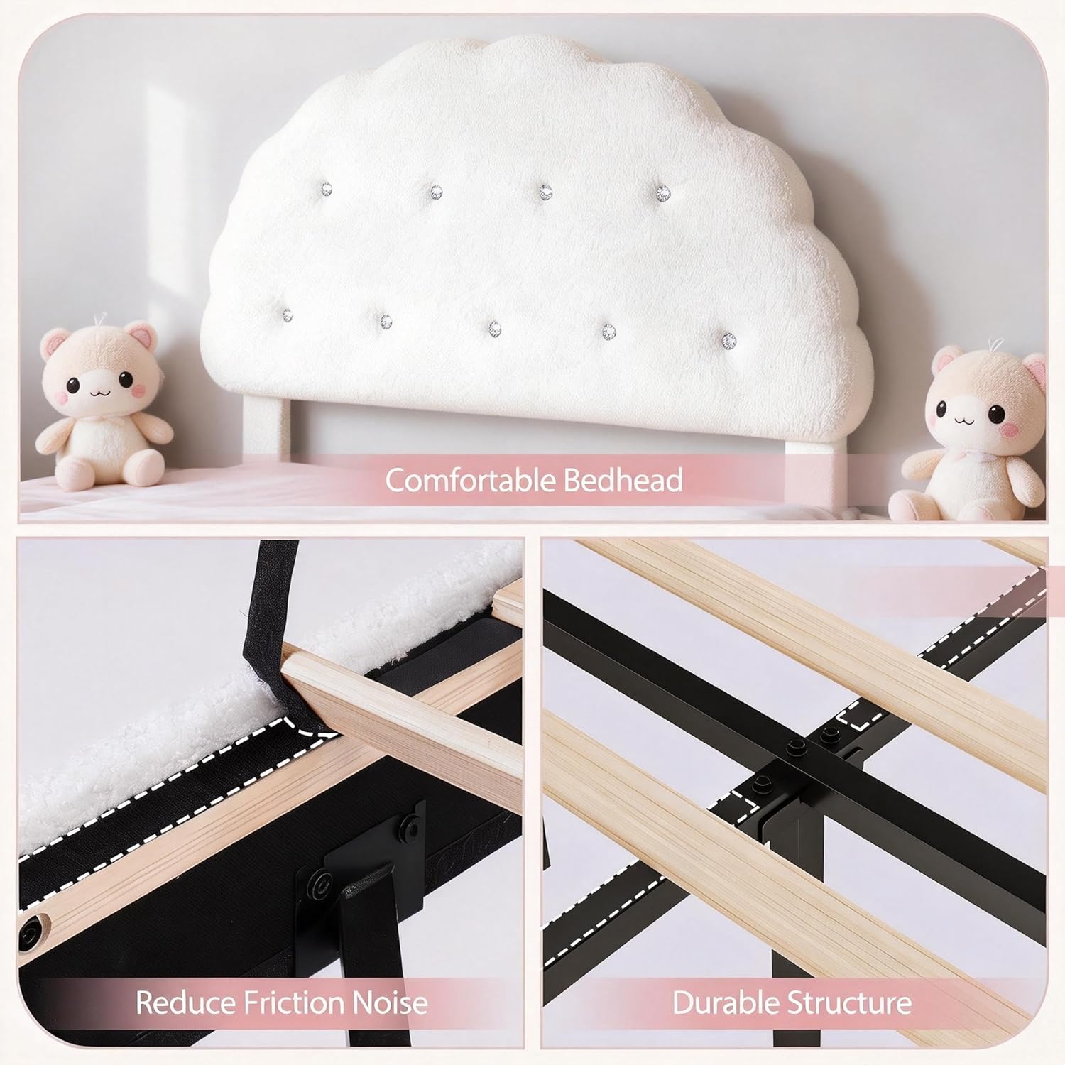 Teddy Velvet Twin Size Bed Frame with LED Lights, Cookie Floating Platform Bed Frame, Adjustable Headboard and Elevated Footboard, Noise Free,Princess Room Upholstered Bed Frame, (White)