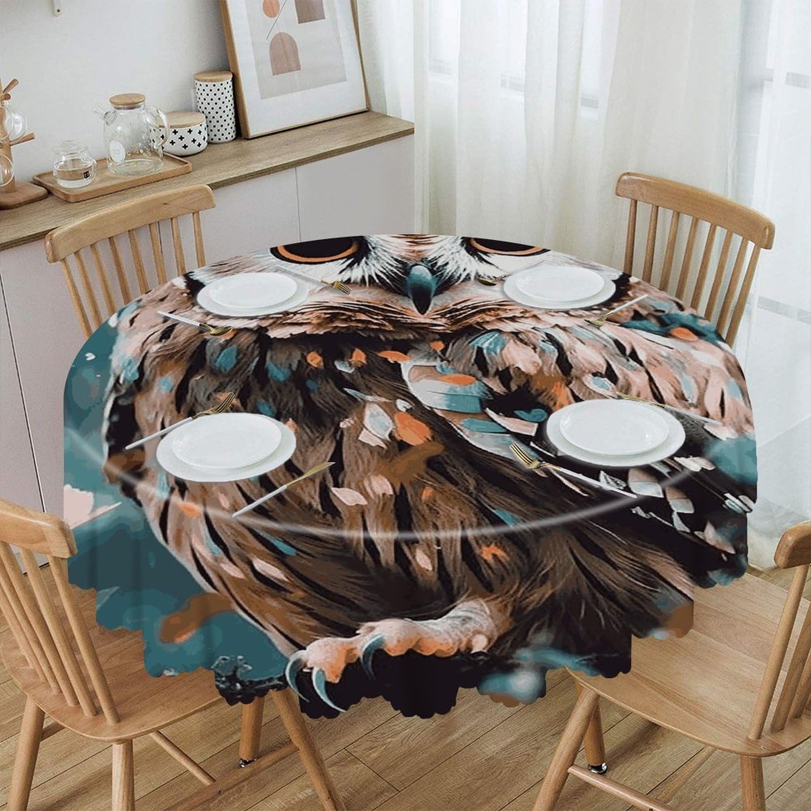 VstaDank Animal Cute Owl Round Tablecloth 60 Inch Easy to Clean Circle Table Cover Thick Decorative Round Polyester Table Cloth for Dining Kitchen Party Farmhouse Outdoor
