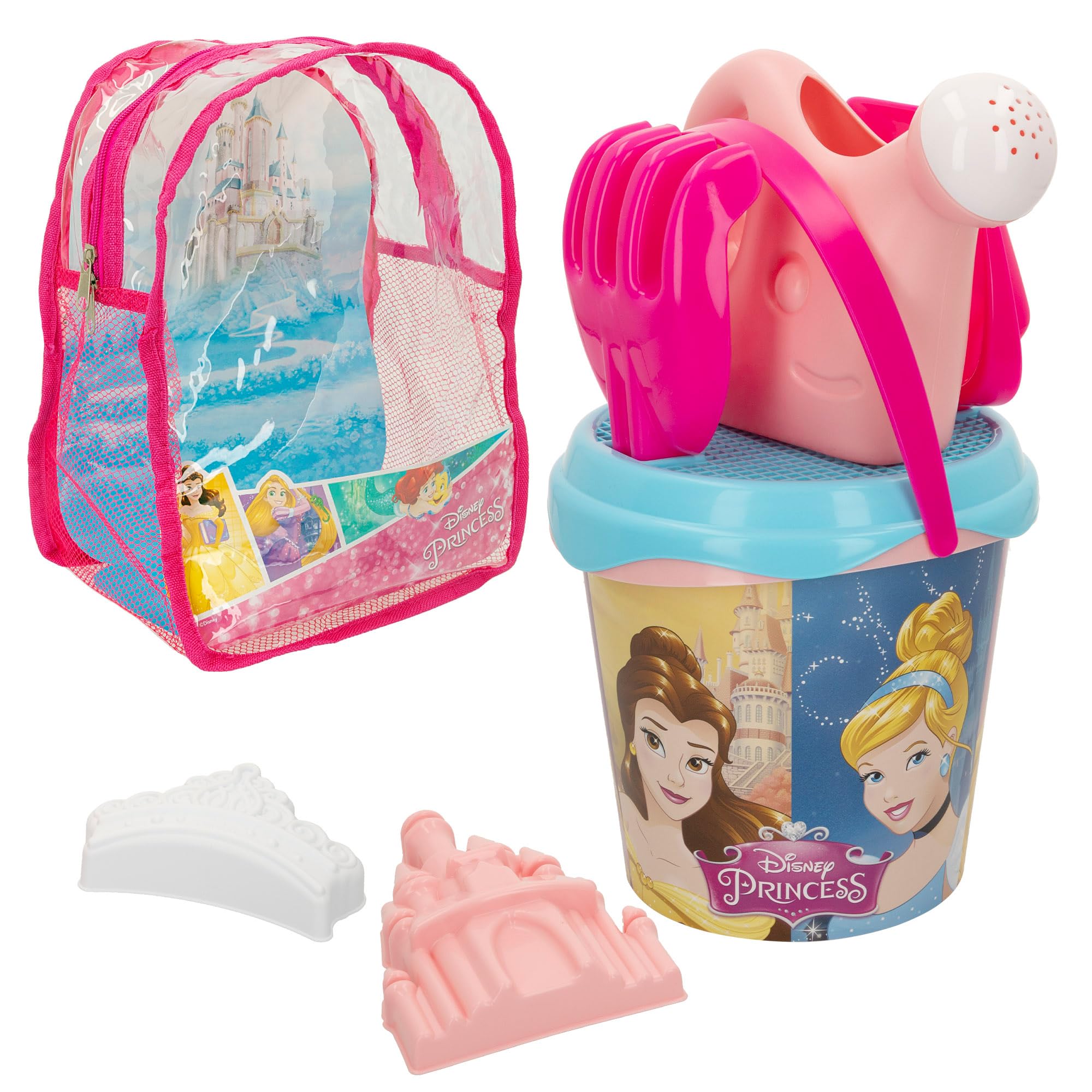 Disney COLORBABY 48211 Princesas Set Cubo de Playa Infantil con Mochila, Pala, rastrillo, regadera y Accesorios, Juguetes de Verano para niños y bebés