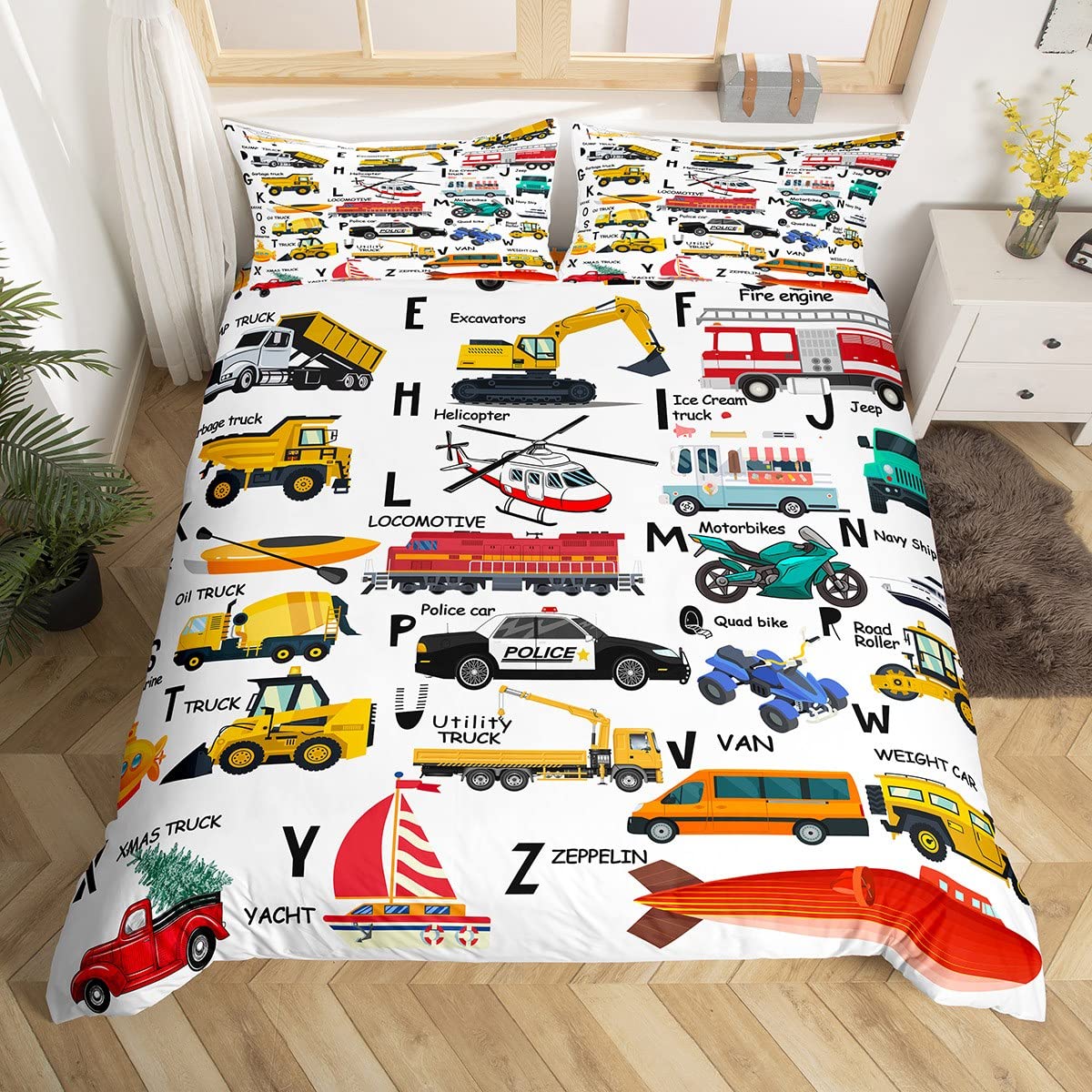 Bagger Bettwäsche Kinder Feuerwehrwagen Polizei Auto Bettwäsche 135x200cm Jungen Hubschrauber Motorrad Ambulanz Kleinkind Bettwäsche Set Alphabet Fahrzeug Autos Bettbezug Set Dekor mit 1 Kissenbezug