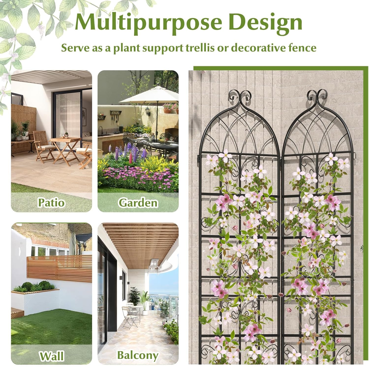 Giantex 2 Packs 71"x20" Metal Garden Trellis for Outdoor Climbing Plants, Heavy-Duty Plant Support for Vine Rose Vegetable Flower, Rustproof Black Metal Coating Patio Trellis Arch Decorative Fence