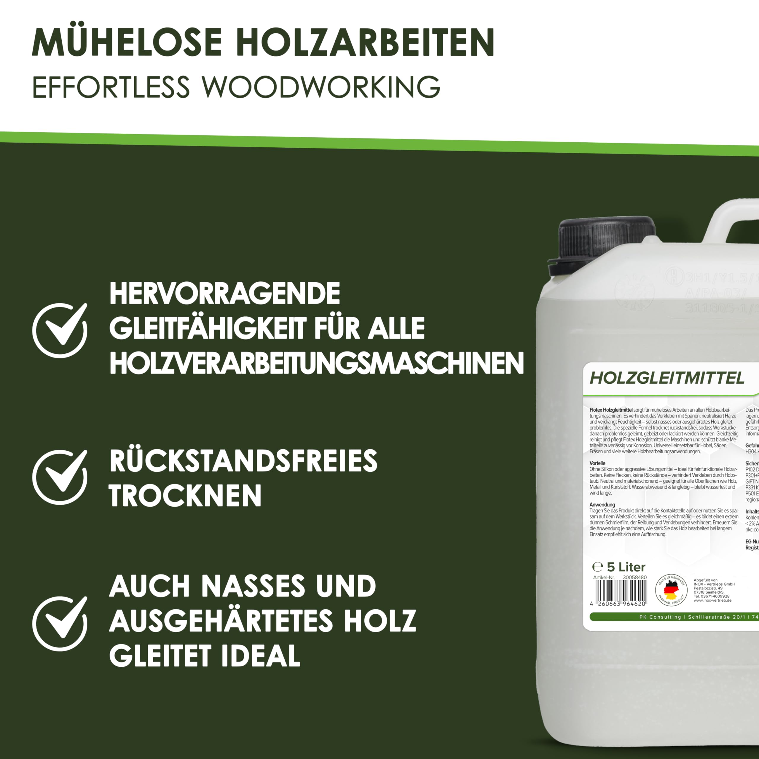 Ergiebiges Holzgleitmittel [5 Liter] | Silikonfreies Holz Gleitmittel für Hobelmaschine, Frästische, Werkstattmöbel | Gleitmittel für Holzbearbeitung