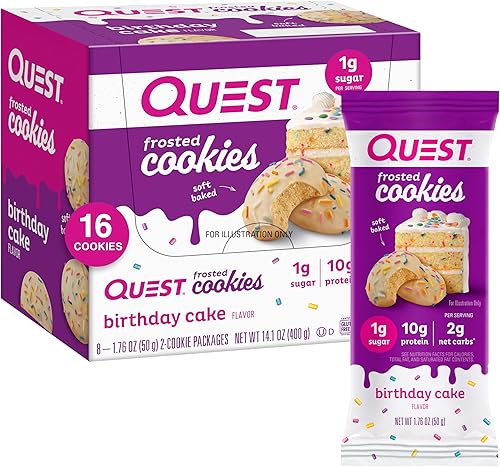 Quest Nutrition Paquete doble de galletas esmeriladas, pastel de cumpleaños, 0.04 oz de azúcar, 0.35 onzas de proteína, 0.07 oz de carbohidratos
