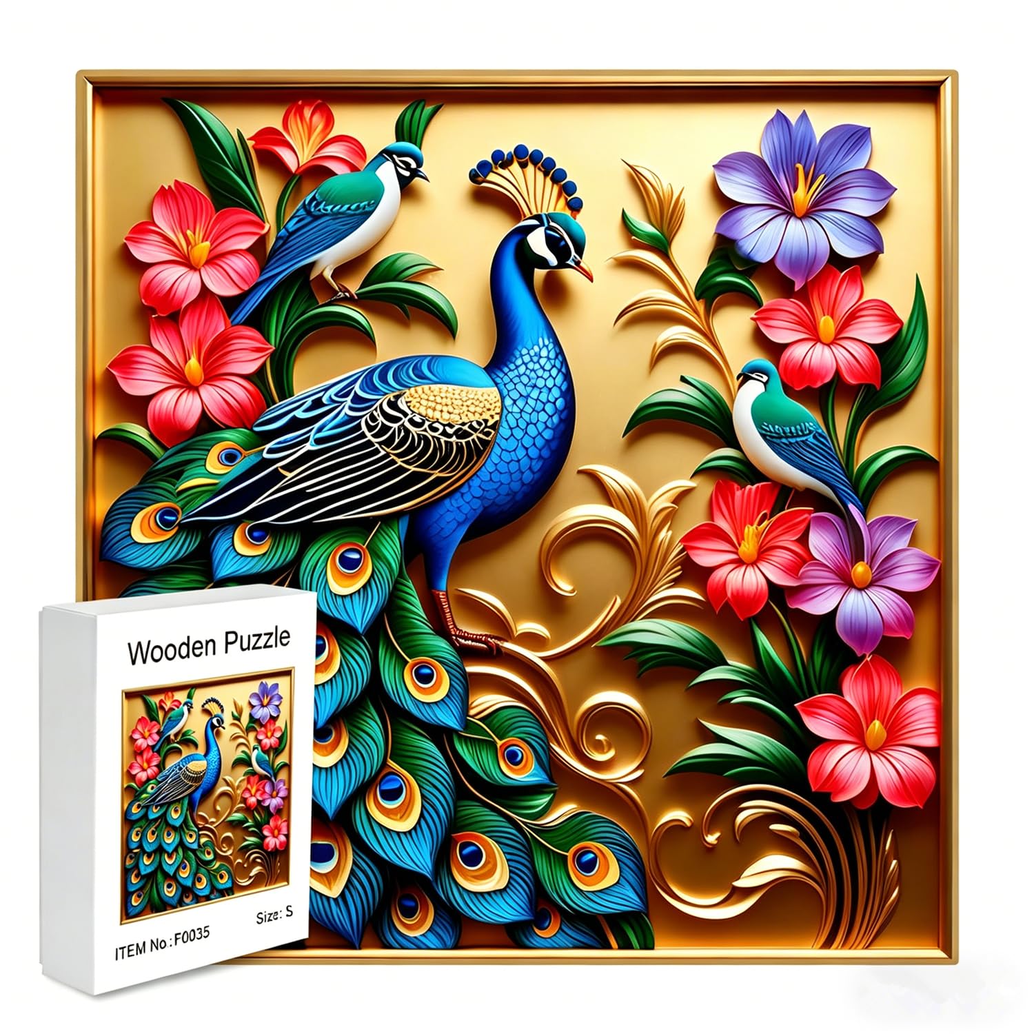 Kymo Irregular Wooden Puzzle for Adults - Vibrant Peacock & Flower Art Jigsaw, Colorful Bird Wood Puzzle, Relaxing Leisure Game & Decorative Gift for Puzzle Fans (F35-S)