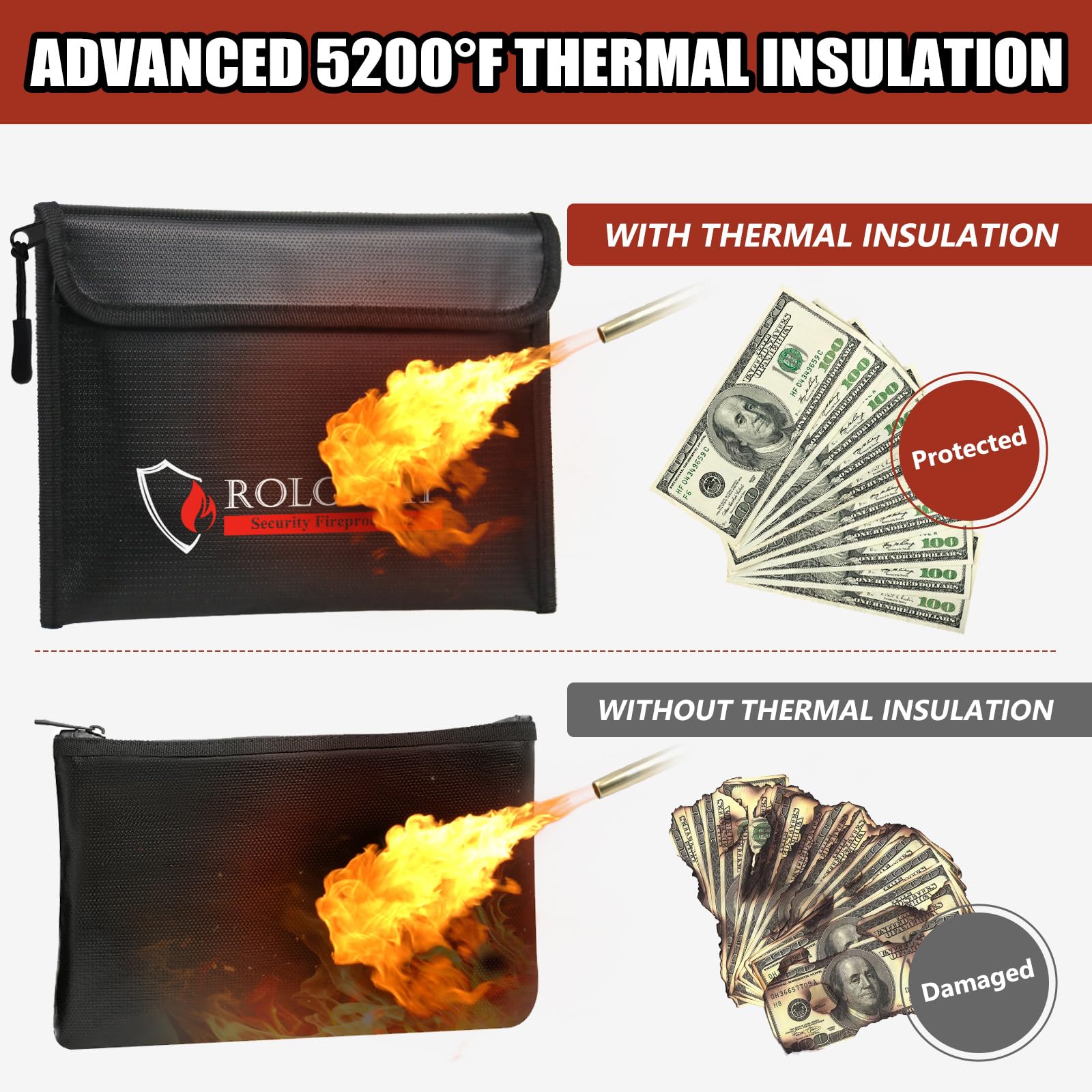 SEKAM Fireproof Bag 5200℉ Heat Insulated (9.6 x 6.6 inches), Fireproof Money Bag with Zipper for Cash (2-Pack Black) - Image 3