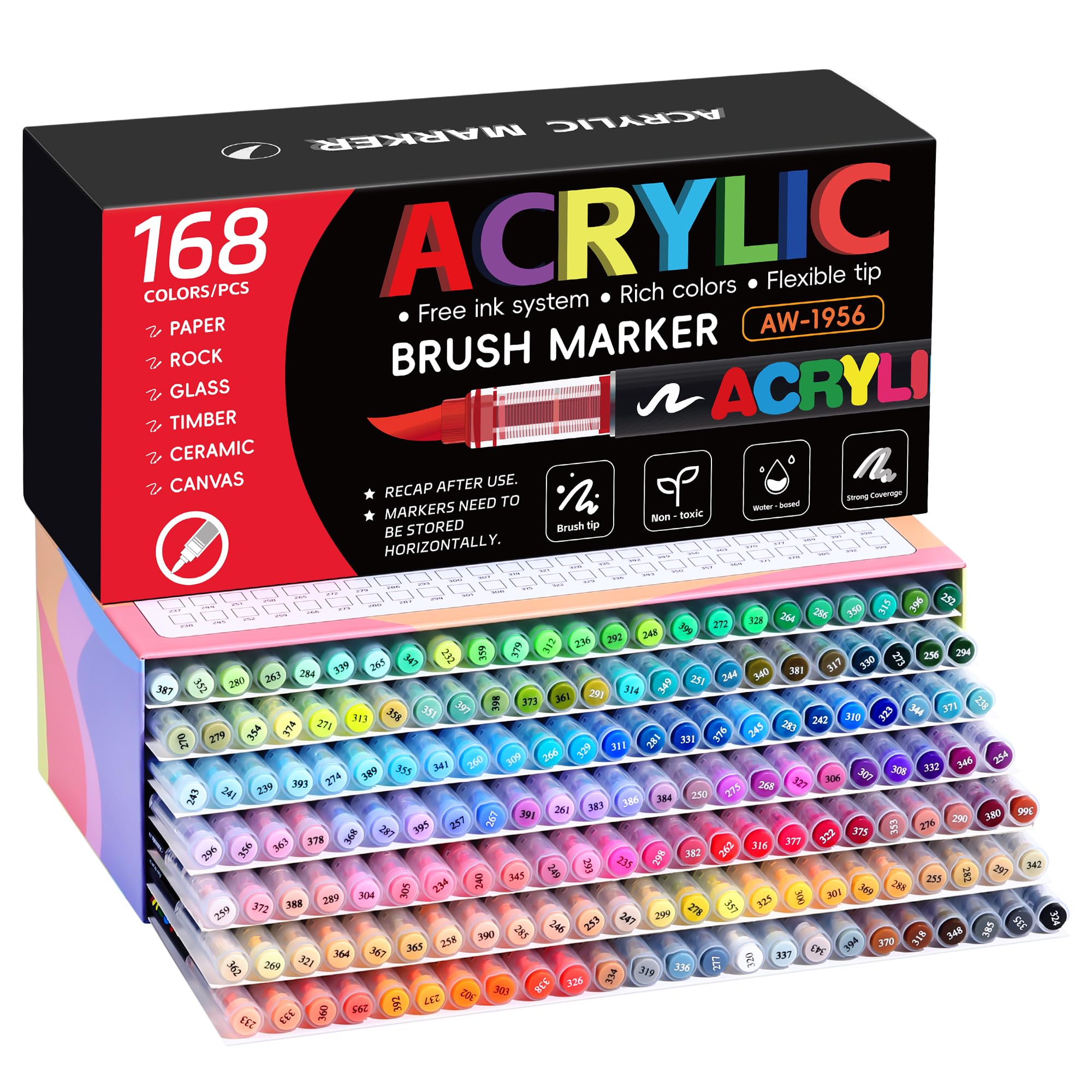 Tongfushop 168 Colors Acrylic Paint Pens, Acrylic Brush Markers with Automatic Ink Control System, Water-Based Art Colouring Pens for Rock Painting, Stone, Ceramic, Metal, Paper, Glass, Fabric, Wood