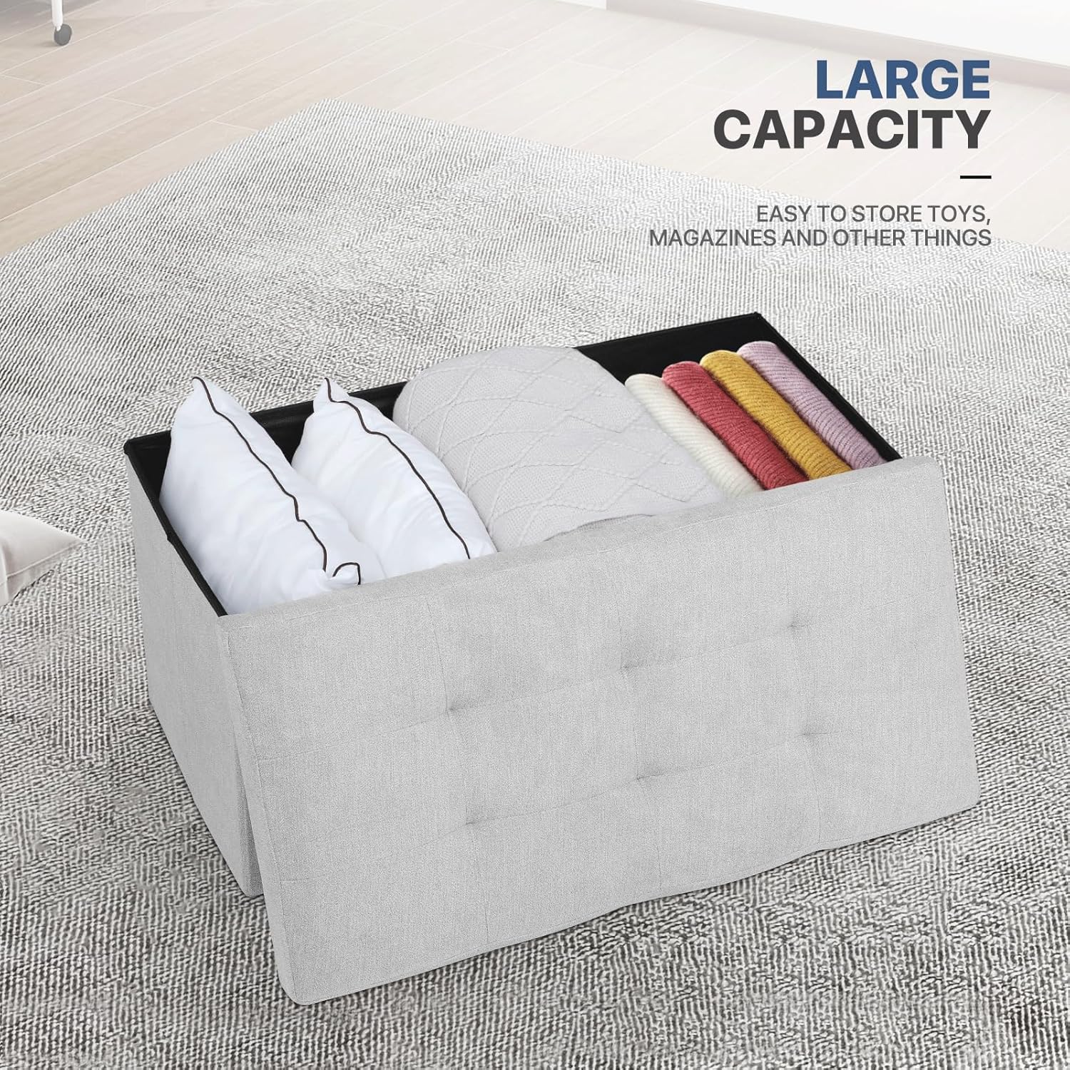 MoNiBloom 30 Inch Storage Ottoman Bench, Rectangle End of Bed Bench, Storage Padded Seat, Linen Fabric Ottoman Footrest for Living Room, Bedroom, Entryway, Light Gray