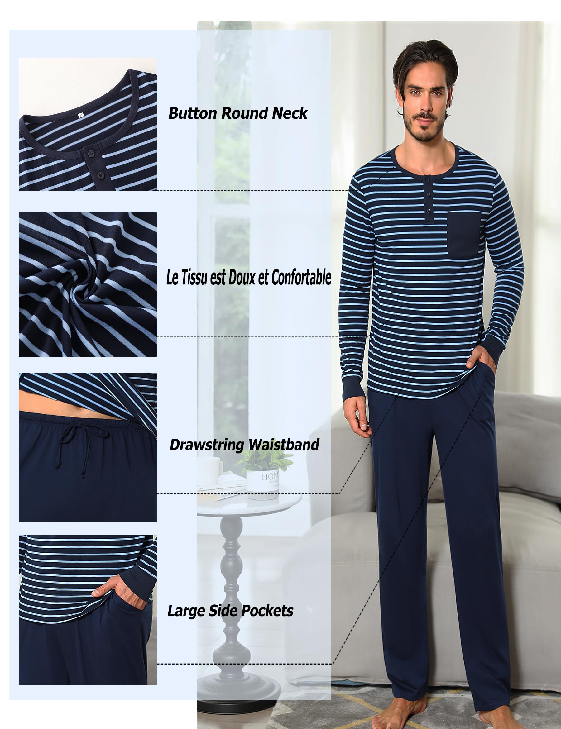 Leversic Pigiama Uomo Invernale Pigiama Uomo Cotone Pigiami da Uomo Lungo Pigiama Uomo Lungo Leggero Set Pigiama da Uomo S-3XL