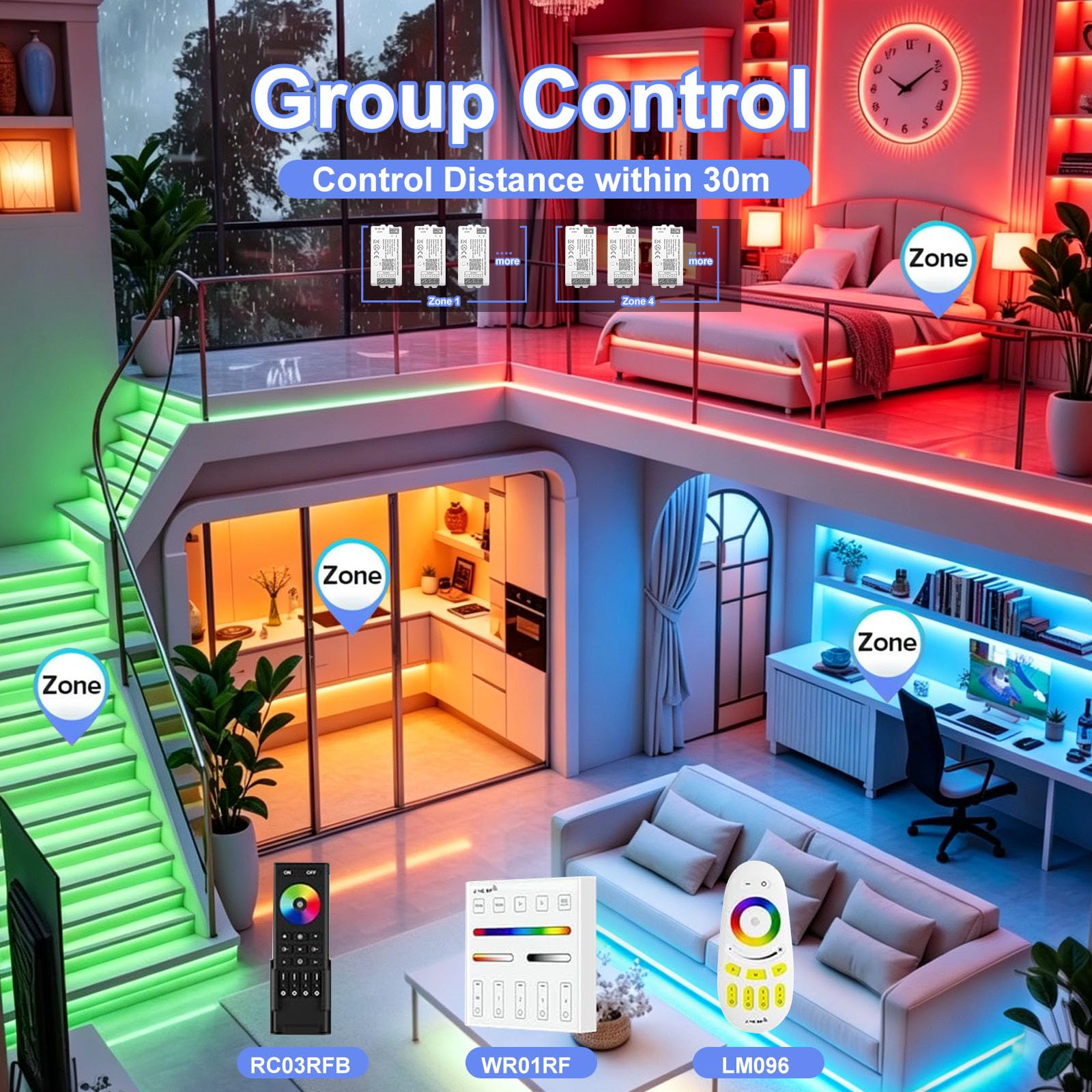 C03W RGB WiFi Bluetooth LED Contrôleur,Vocale/APP Contrôle | Alexa/Google Home/Tuya/Smart Life,Contrôle de Groupe 4PIN RGB Ruban LED COB SMD,Fonctionne WR01RF RC03RFB Remote,DC12-24V