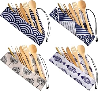 Boao 4 Sets Bamboo Utensils Wooden Utensils Set Japanese Style Reusable Cutlery Travel Chopsticks Fork Spoon Straw Portable Utensil Case for Travel Hiking Picnic Camping Cooking Kitchen(Chic Style)