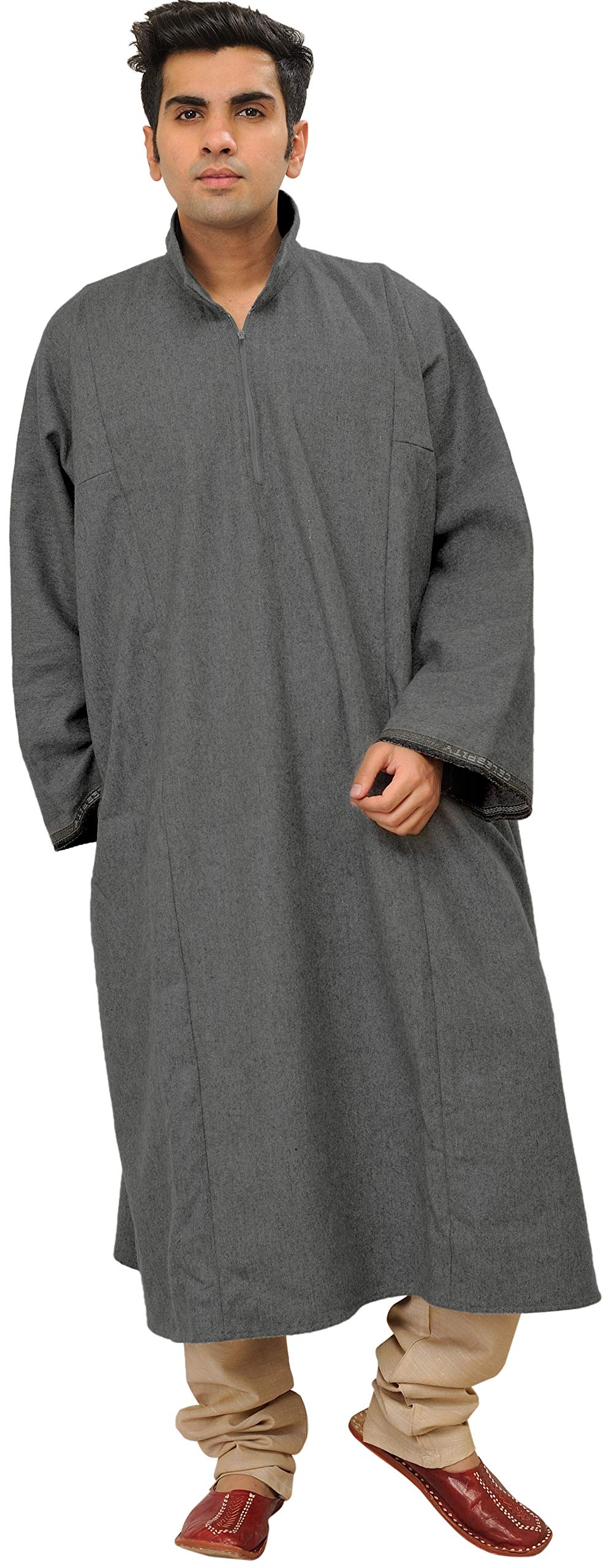 exotic india Pure Wool Men's Phiran from Kashmir with Front Zipper - Pure Wool-picture-13