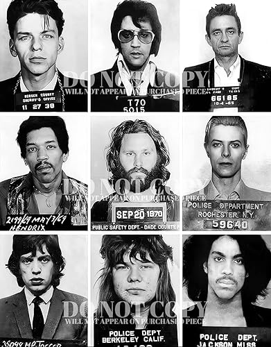 Mugshots más famosos en la música 11 x 14 - Magnífico collage de fotos de foto de foto - Rock and Roll - Más buscado - Juego de fotos raras -