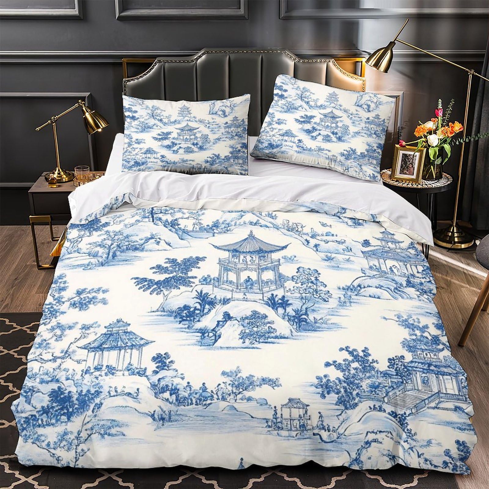 Housse de couette bleu et blanc oriental microfibre 220x240cm