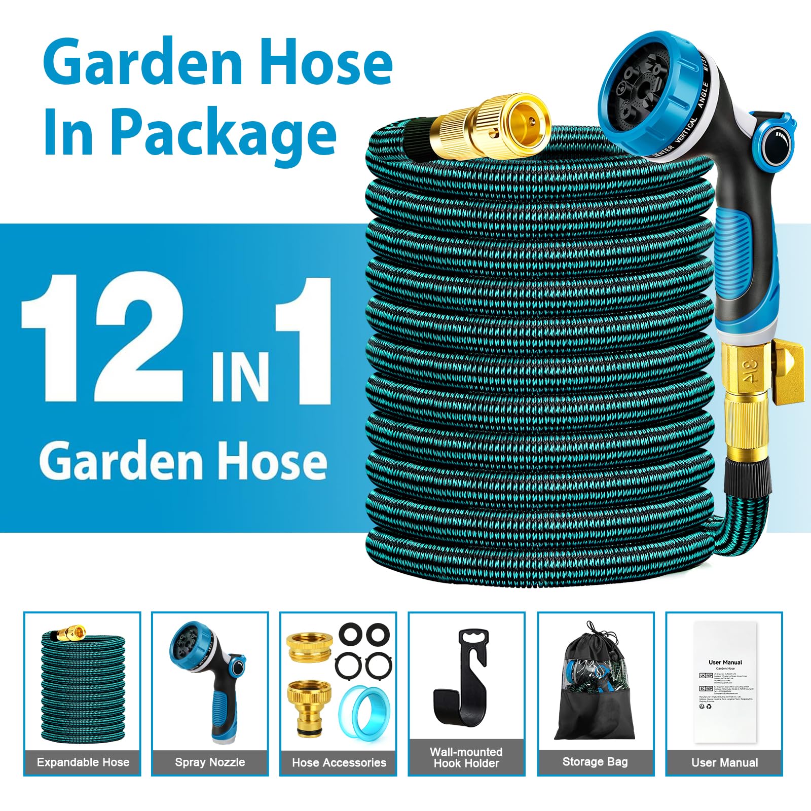 Gartenschlauch Flexibel 45M, Wasserschlauch Flexibler Gartenschlauch mit 3/4"&1/2"Verbinder aus Messing, Flexschlauch Garten Schlauch mit 10-Funktionsdüse Brause, Dehnbarer Gartenschläuche Hose