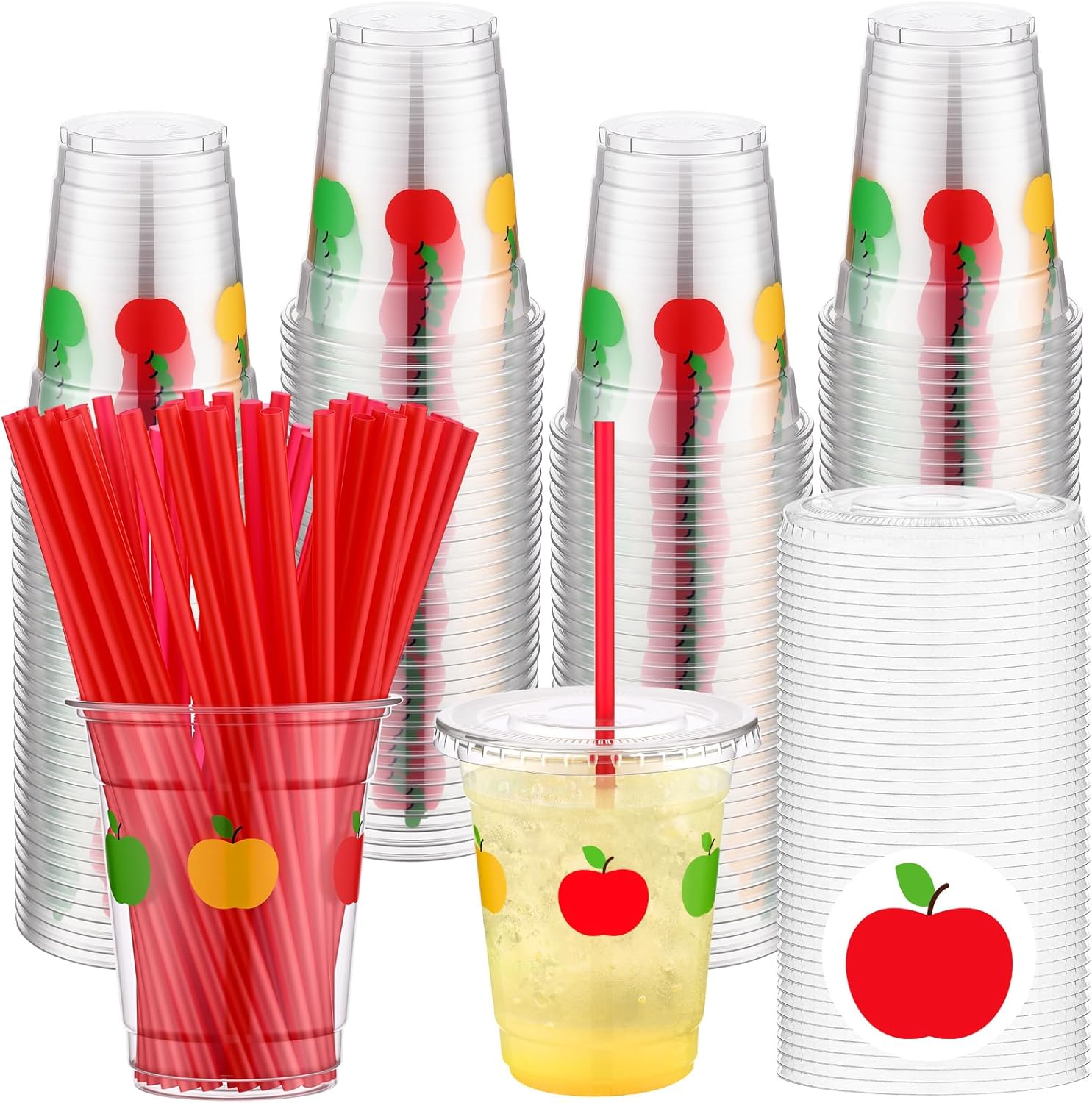100 Pcs 12 oz Christmas Plastic Cups Apple Pattern Disposable Cups with Lids and Straws for Juice Water Milk Coffee Tea(Geometric Patterns Style)