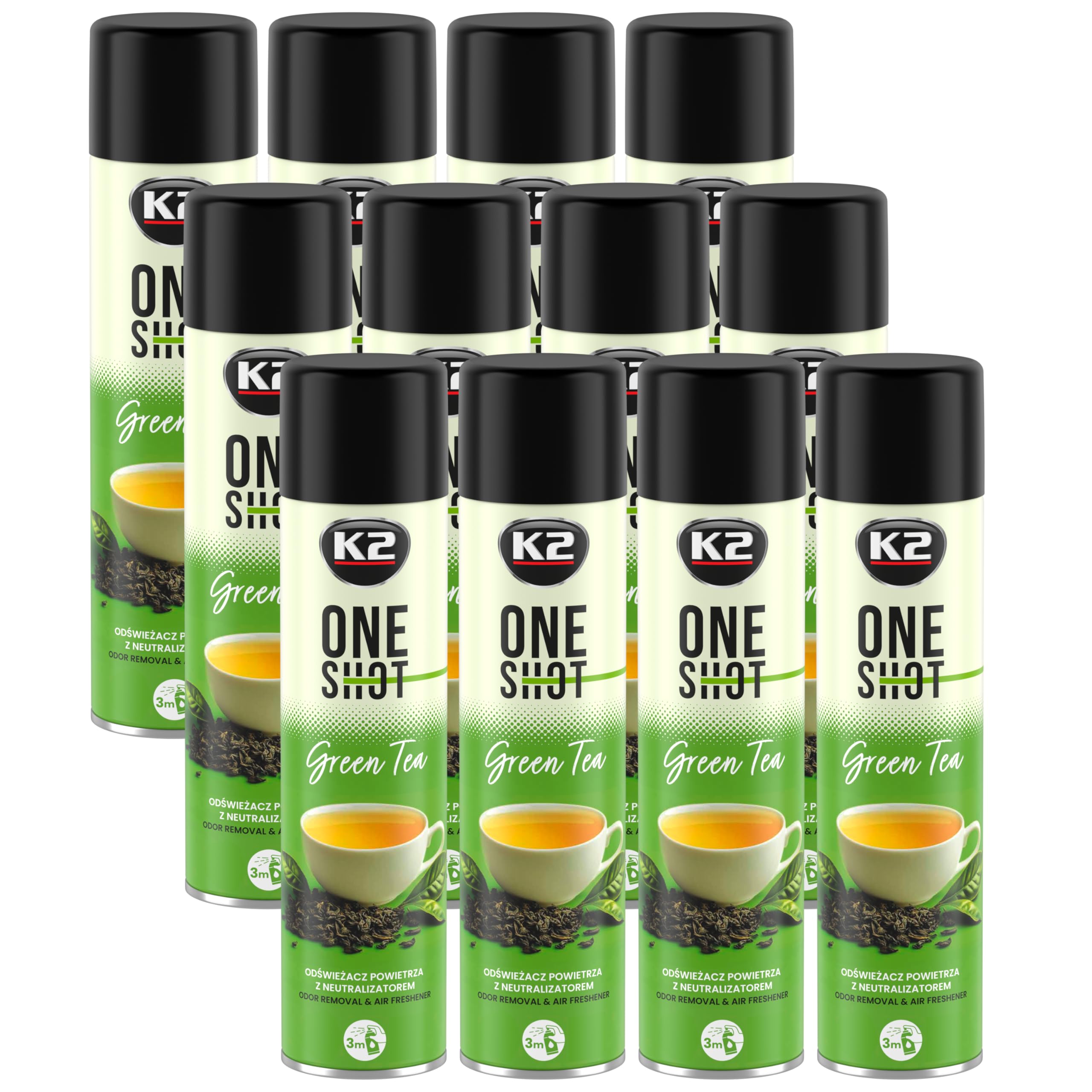 K2 ONE SHOT 600ml - Eliminador de Mal Olores Profesional Instantáneo - Spray Ambientador Neutralizador de Olores Seco para Hogar, Oficina, Vehículo (12, Té verde)