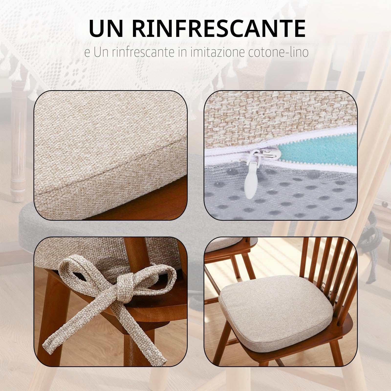 RUIXUAN Cuscino per sedia, 36 x 36 x 4 cm, semicircolare, antiscivolo, per sedia da giardino, cucina o sala da pranzo, con laccetti, per esterni e interni