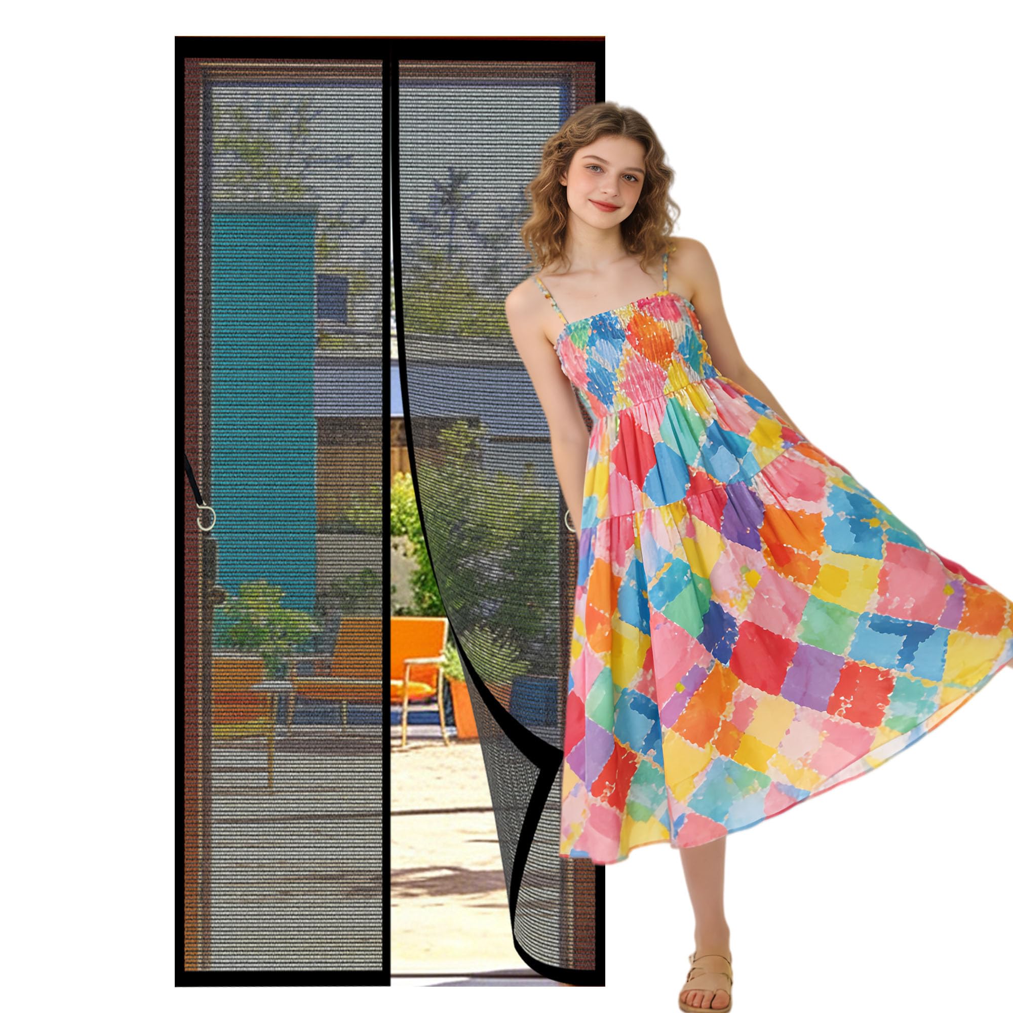 Magnetic Door Curtain 127 x 182 cm Hundreds of Sizes Heavy Duty Fly Door Powerful Magnets and Full Frame Magic Tape, No Drill Installation for Living Room, Bedroom, Patio, Black