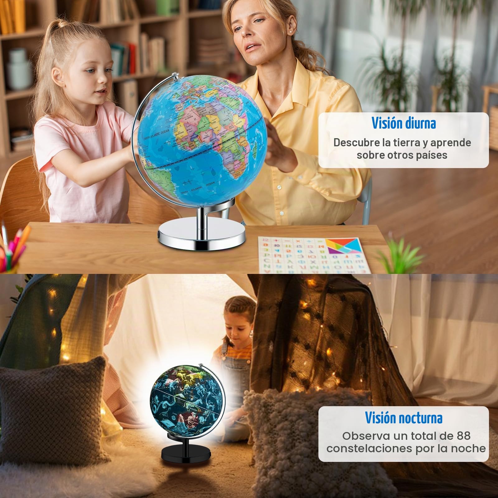 LIFEZEAL Globo terráqueo con LED de 23,5 cm, Globo terráqueo de constelaciones en ABS con base metálica, altura 29,5 cm, Explorablobe Mapa del mundo interactivo para escuela, oficina, Mapa en inglés