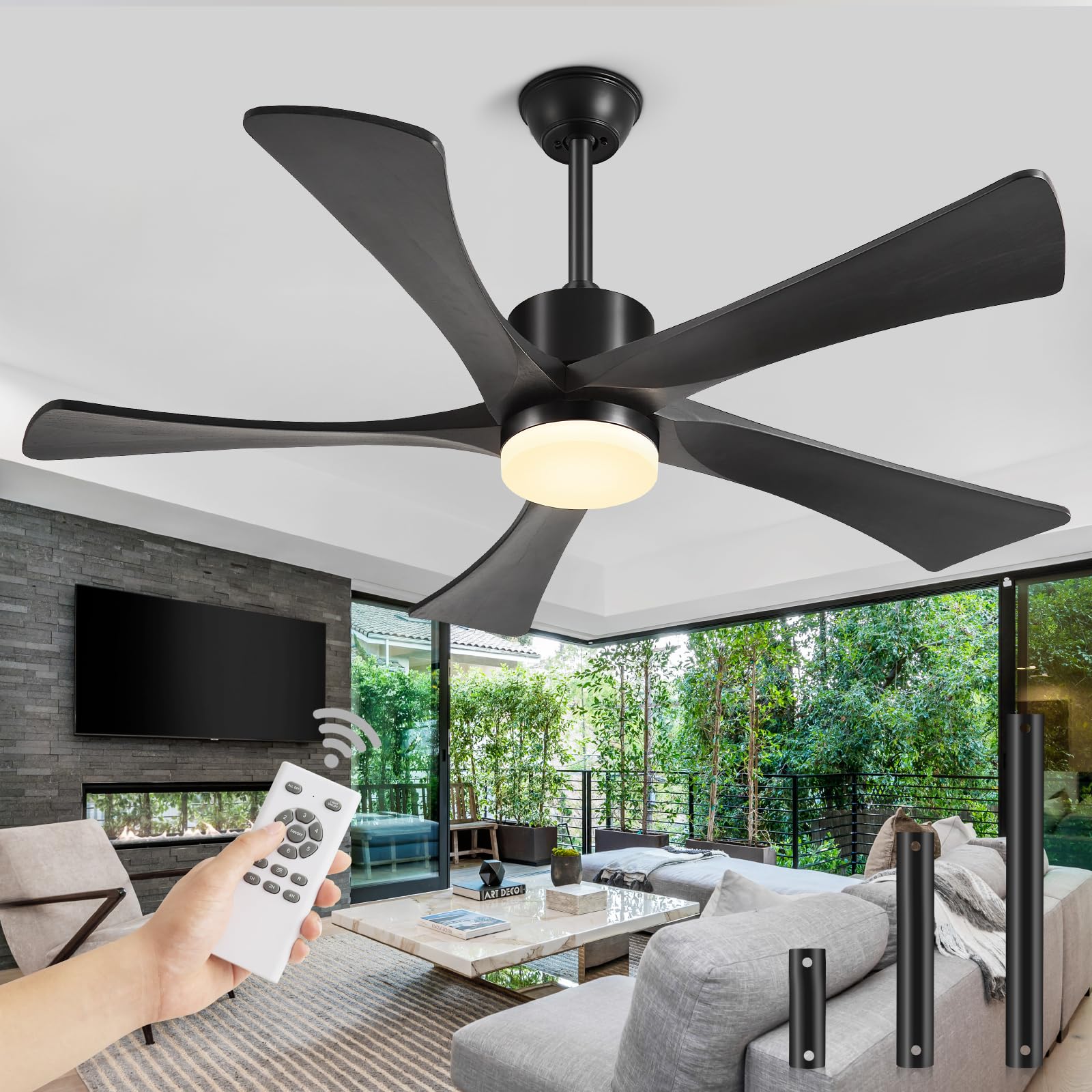 132cm Deckenventilator Mit Beleuchtung Und Fernbedienung 5 Flügel Schwarz | 6 Stufen Leiser 3 Verlängerungsstangen Timer 3 Farbtemperaturen Dc-Motor Deckenventilator Mit Licht Outdoor