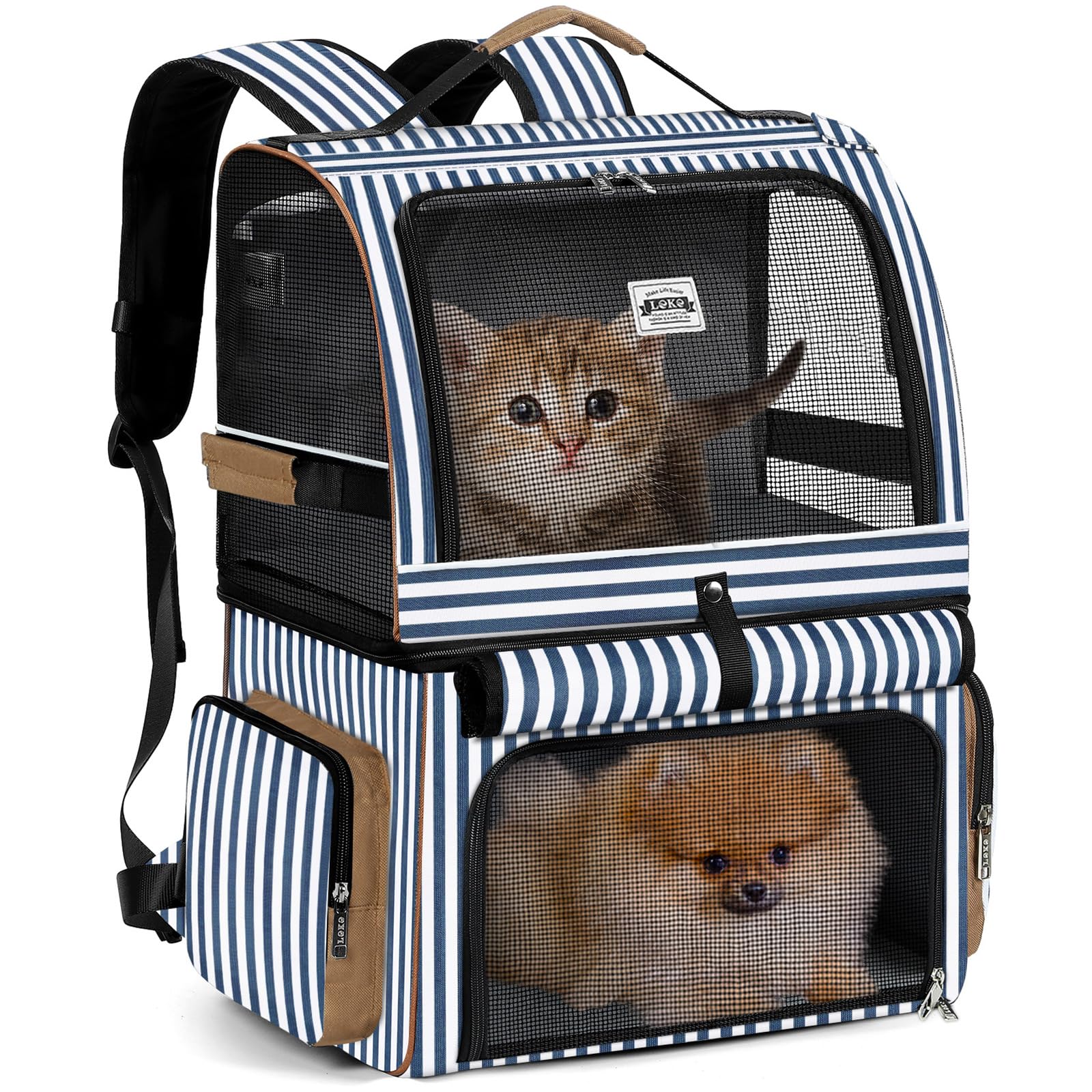 LekeskyLekesky Cat Backpack Carrier for 2 Cats, Double-Compartment Pet Carrier Backpack for Two Small Cats or One Medium Dogs, Cats Carrier Backpack Dog Carrier Backpack Fits Up to 24 Lbs (Striped)