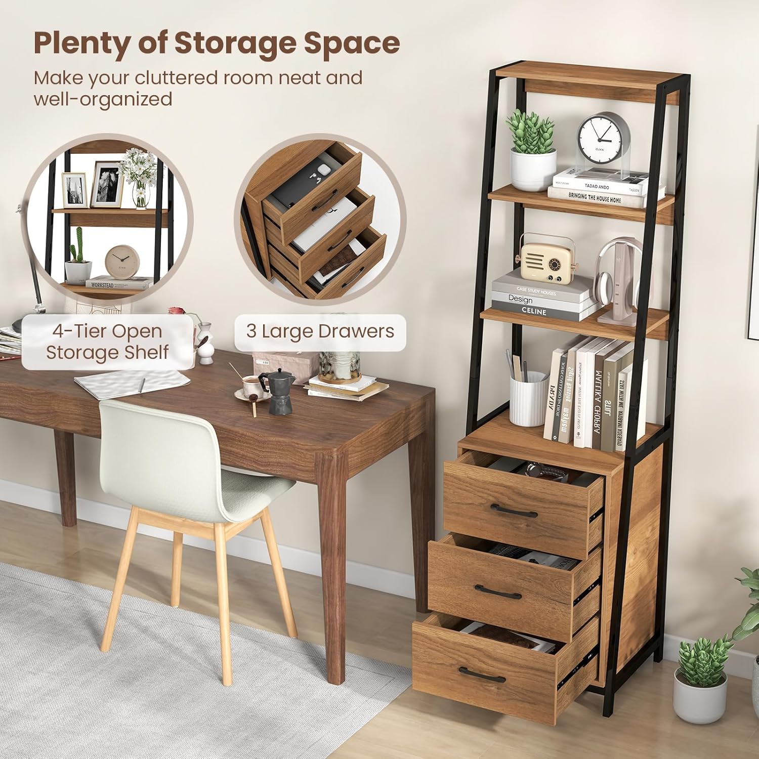 LOKO Industrial Ladder Bookshelf, Freestanding 4-Tier Bookcase with 3 Drawers & Metal Frame, 69” Tall Wooden Storage Organizer for Living Room, Office, Study Room & Entryway (Brown)