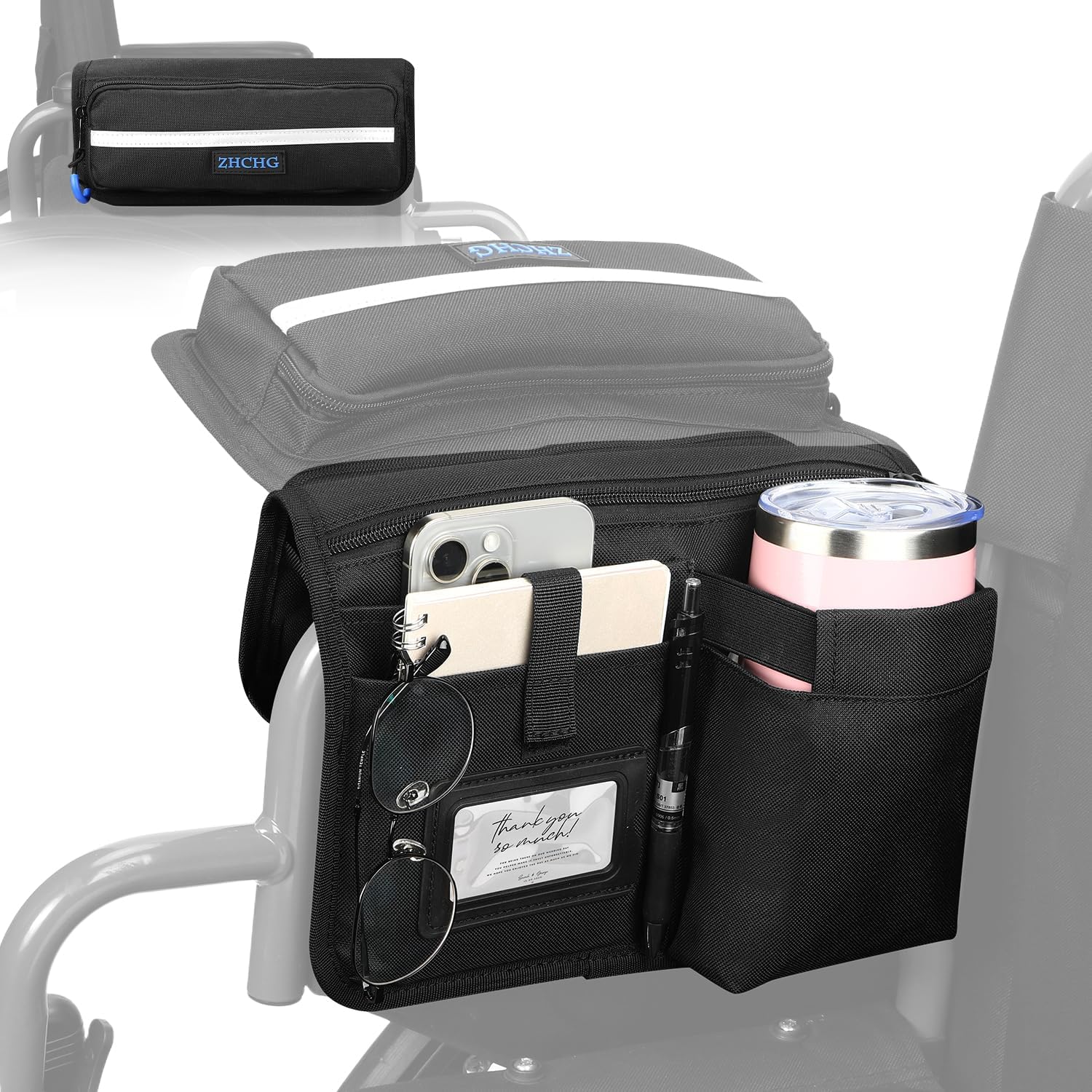 Upgraded Wheelchair Side Bag with Cup Holder, Dual-Side Armrest Pouch