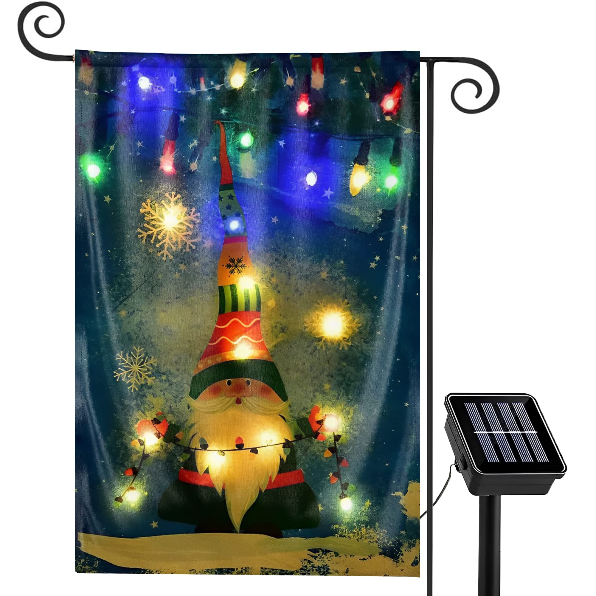 Solar Lighted Christmas Garden Flag - 12x18 Inch Double Sided, 8 Modes | Christmas Gnome Flag, Christmas Outdoor Decorations Yard | Christmas Flag Graden | Winter Garden Flag | Christmas Lawn Flag