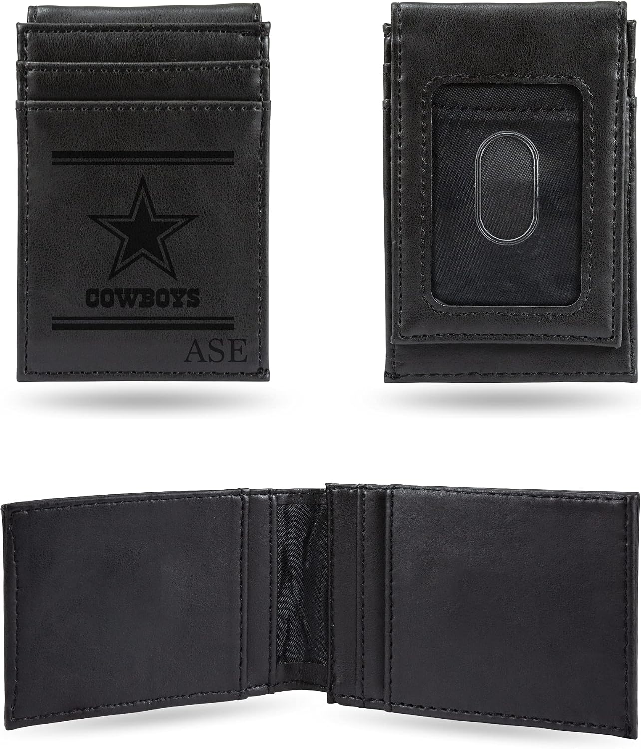 Rico Industries NFL Dallas Cowboys Black Personalized/Custom Laser Engraved Front Pocket Wallet - Slim/Light Weight - Great Gift Item