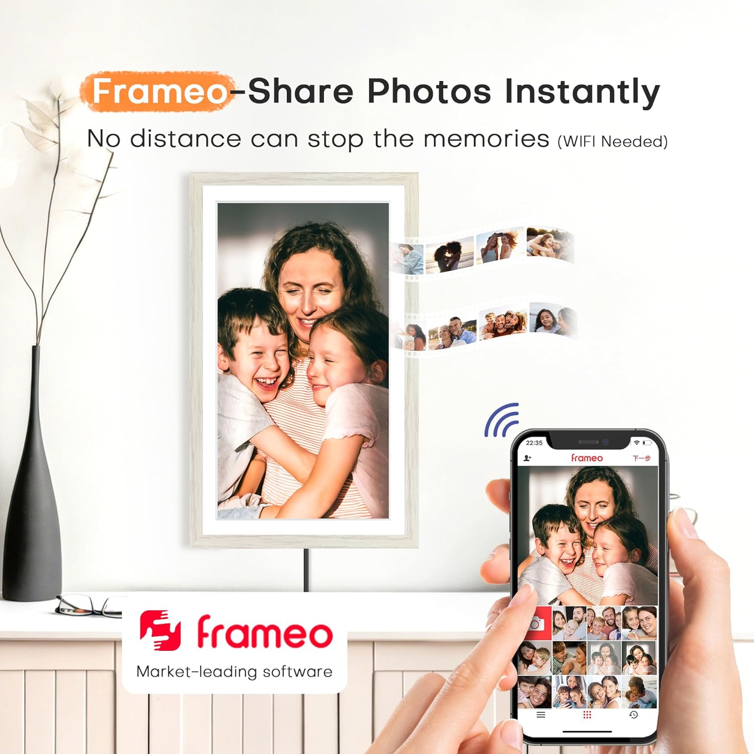 Digital Picture Frame, 15.6 Inch Frameo Digital Frame WiFi, 1920 * 1080 IPS FHD Touchscreen, 32GB, Tabletop&Wall-Mounted, Share Picture Video, Large Electric Photo Frame, Mom Gifts, White Woodgrain