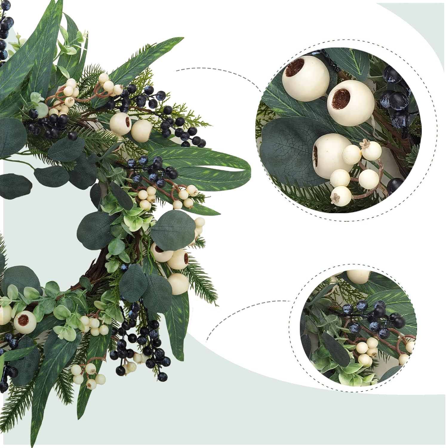 All Season Front Door Wreath 20 Inch - Summer Wreaths for Front Door Outside, Winter Wreath Olive Eucalyptus Leaves with Mixed White Berries for Farmhouse Home Porch Wall Window Wedding Holiday Decor - Image 2