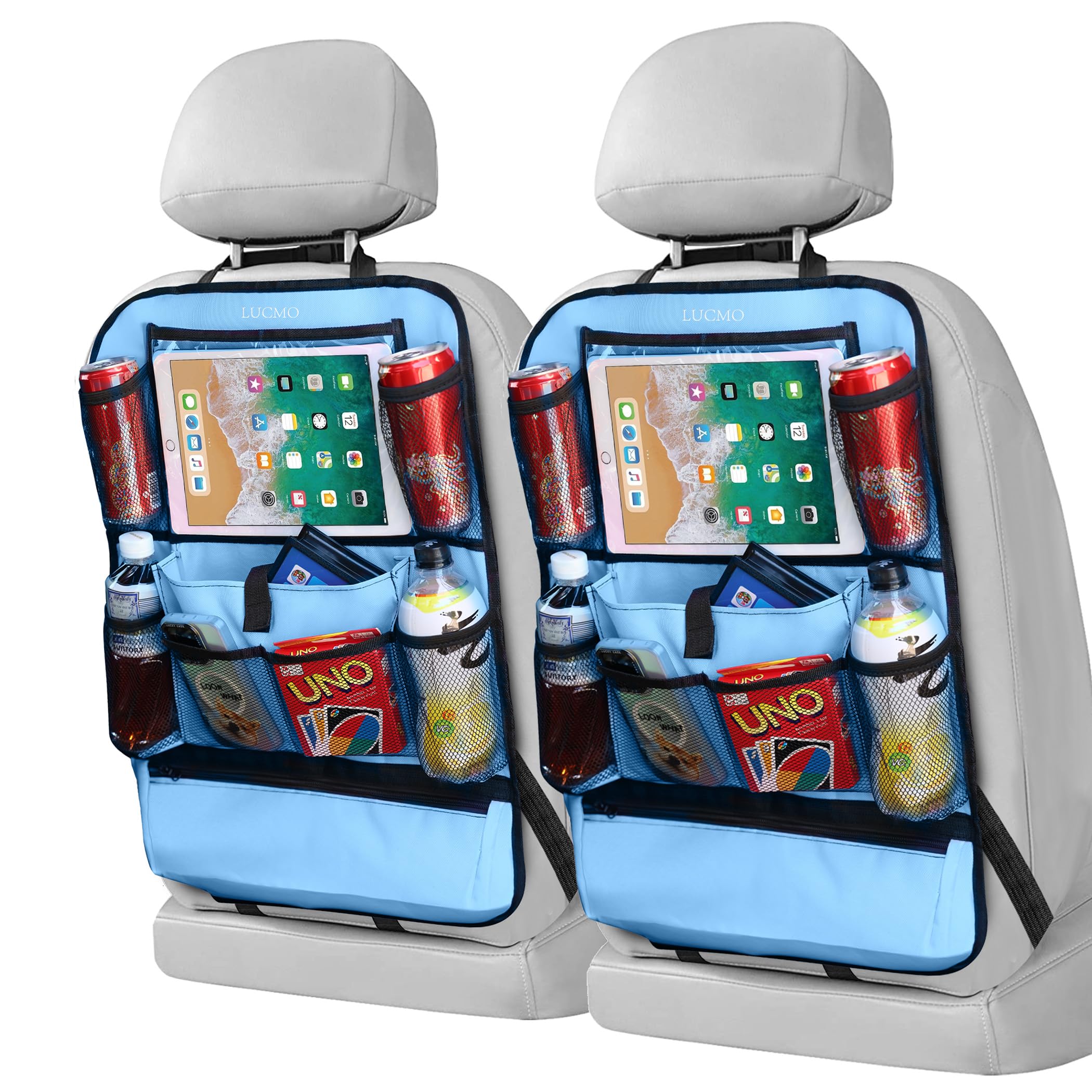 LUCMO Car Backseat Organizer with Touch Screen Tablet Holder, Light Blue