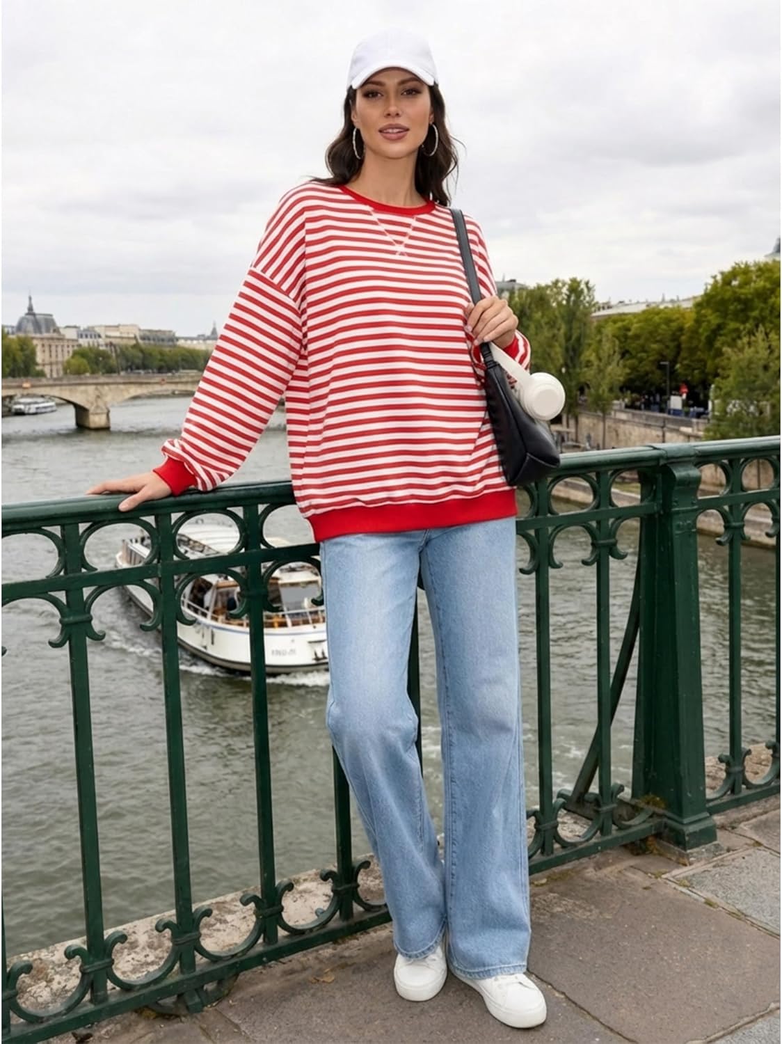 Women Oversized Striped Sweatshirt Casual Long Sleeve Pullover Shirt Crew Neck Color Block Loose Top Fall Winter - Image 3