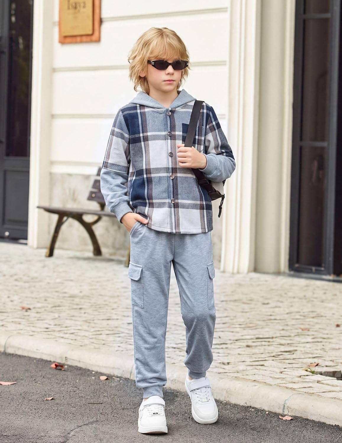 Arshiner Boys Clothes Flannel Plaid Shirt & Pants Set Kids Hoodie Sweatsuit