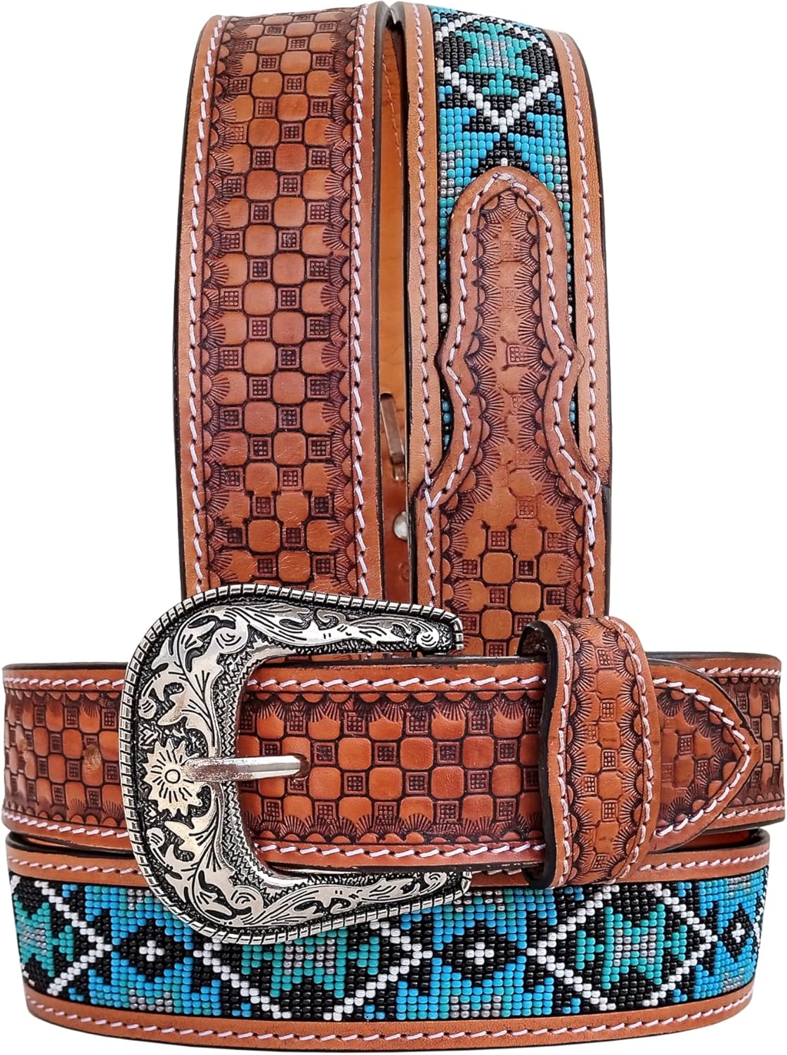 Affilare Western Tooled Leather Beaded Belt For Men and Women 30AB011