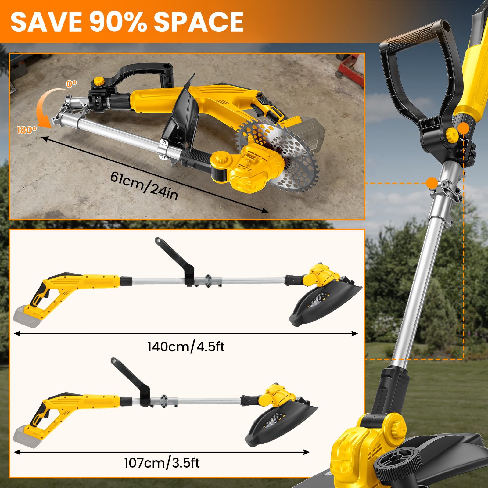 Akumulatorowa podkaszarka kompatybilna z akumulatorem Dewalt 20 V MAX, 5-w-1 elektryczna podkaszarka bez szczotek, składana pod kątem 180°, kąt przycinania 90° do przycinania trawników, ogrodu i