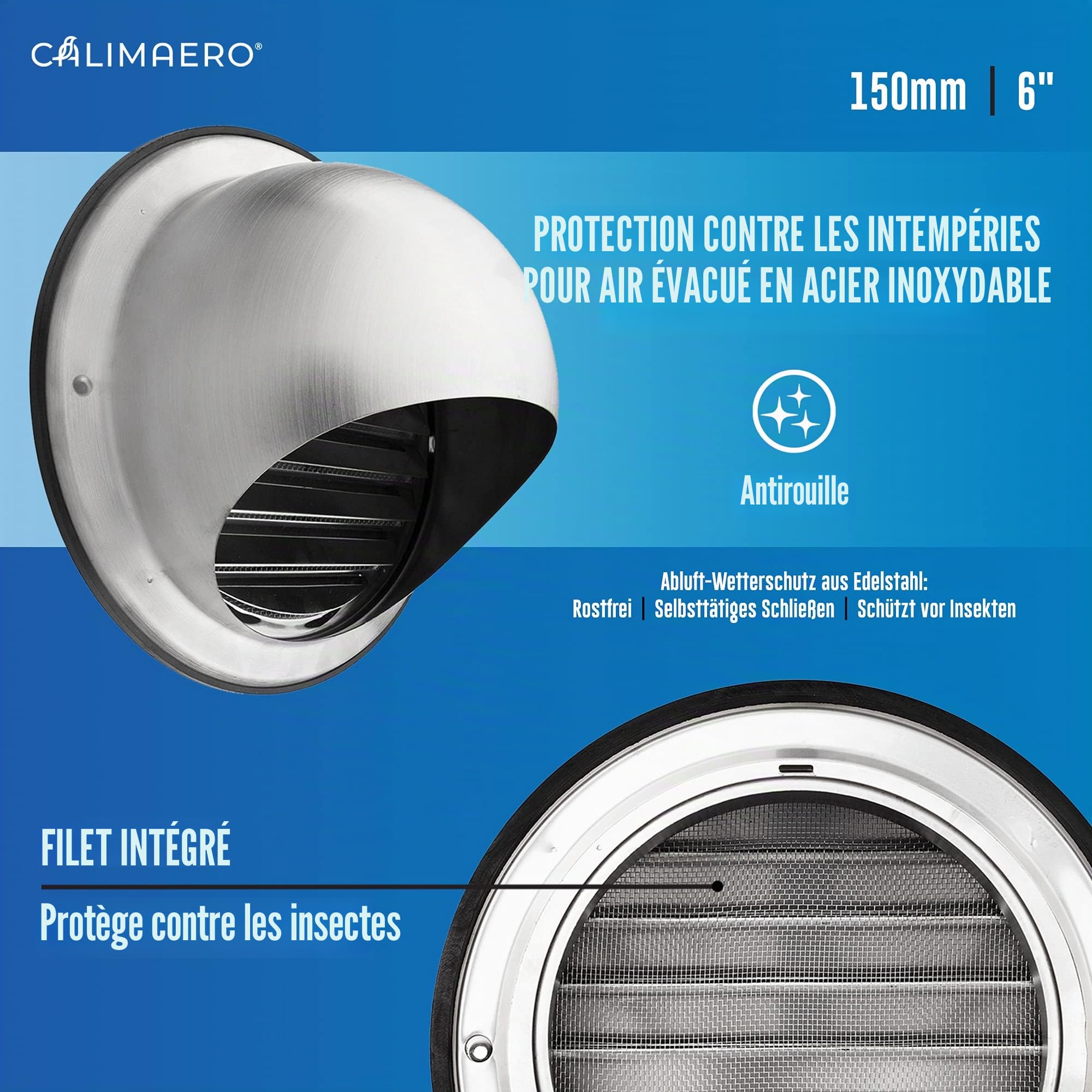 KWG Grille d'aération en Acier Inoxydable 150mm, Grille d'évacuation d'air, Moustiquaire Intégrée, Résistant aux Intempéries, Couverture de la Hotte d'aspiration Extérieure