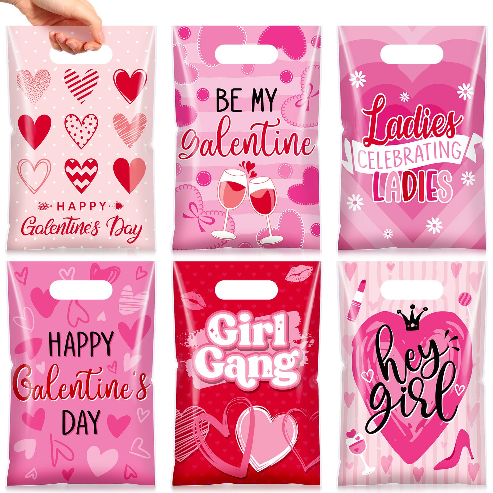 Teenyyou 60 Pcs Galentines Day Gift Bags Pink Red Plastic Heart Treat Bags Small Valentines Goodie Handbags for Women Sweet Day Friendship Party Supplies