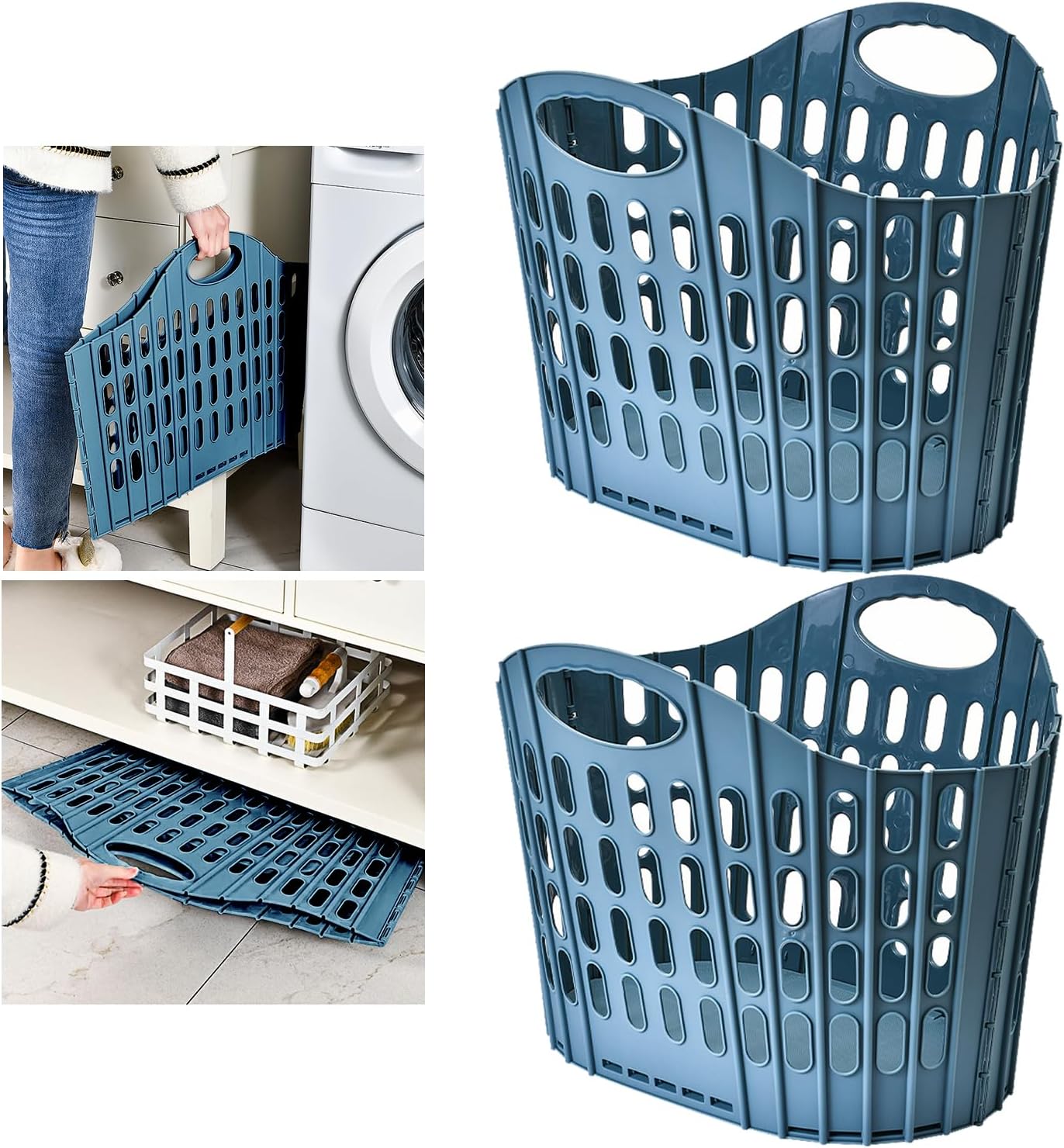 2 Pack Laundry Hampers, Collapsible Plastic Laundry Basket, Shopping Bag with Carry Handle, Foldable Washing Bin Kitchen Storage for Bathroom, Camping, Supermarket and Car Trunk, Blue